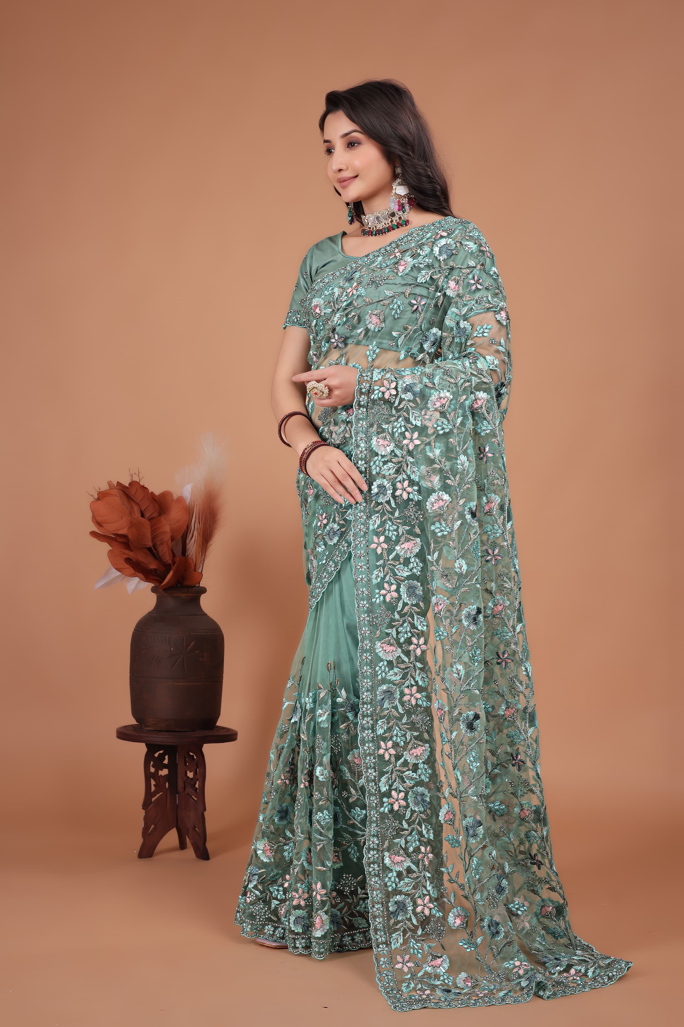 Ritual Styles Firozi Coading Swarovski Floral Embroidery Net Saree image 2