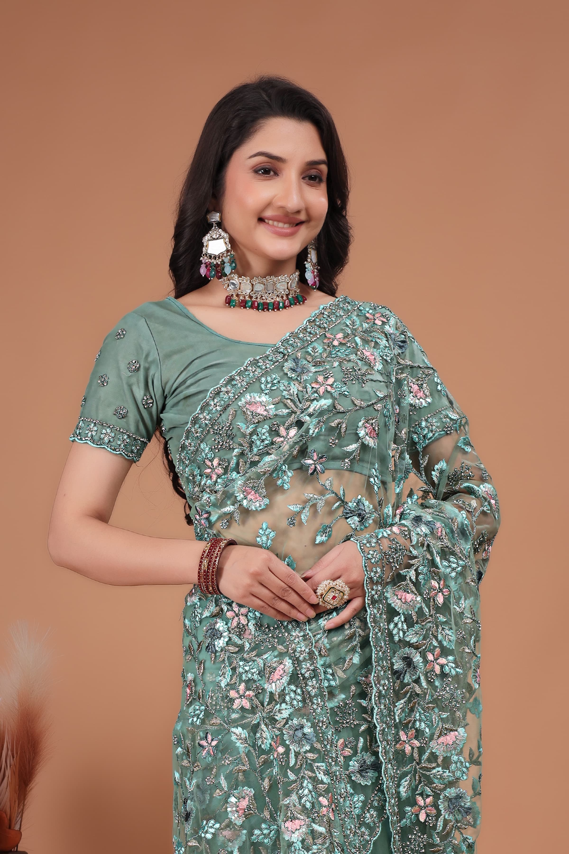 Ritual Styles Firozi Coading Swarovski Floral Embroidery Net Saree image 3