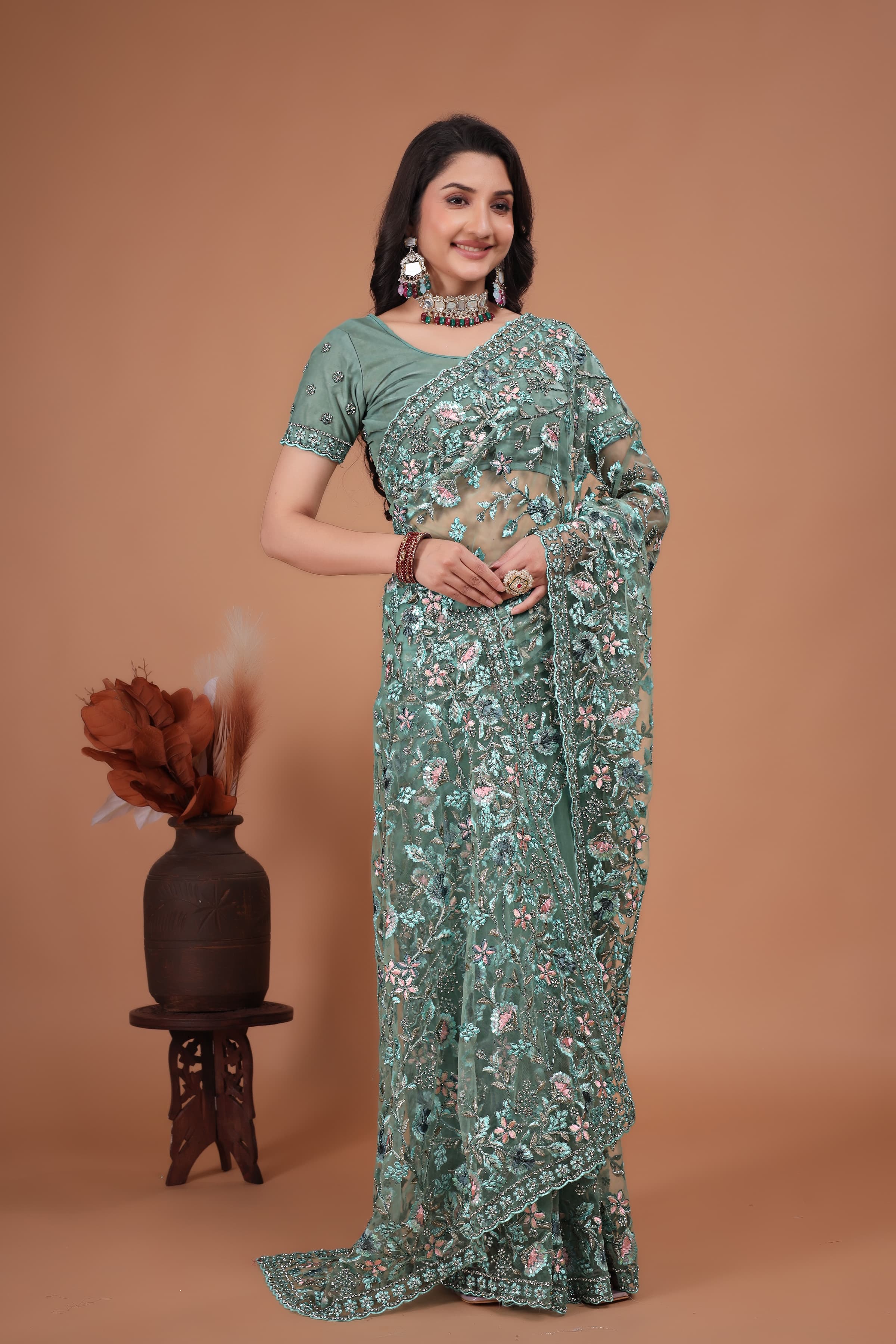 Ritual Styles Firozi Coading Swarovski Floral Embroidery Net Saree image 4