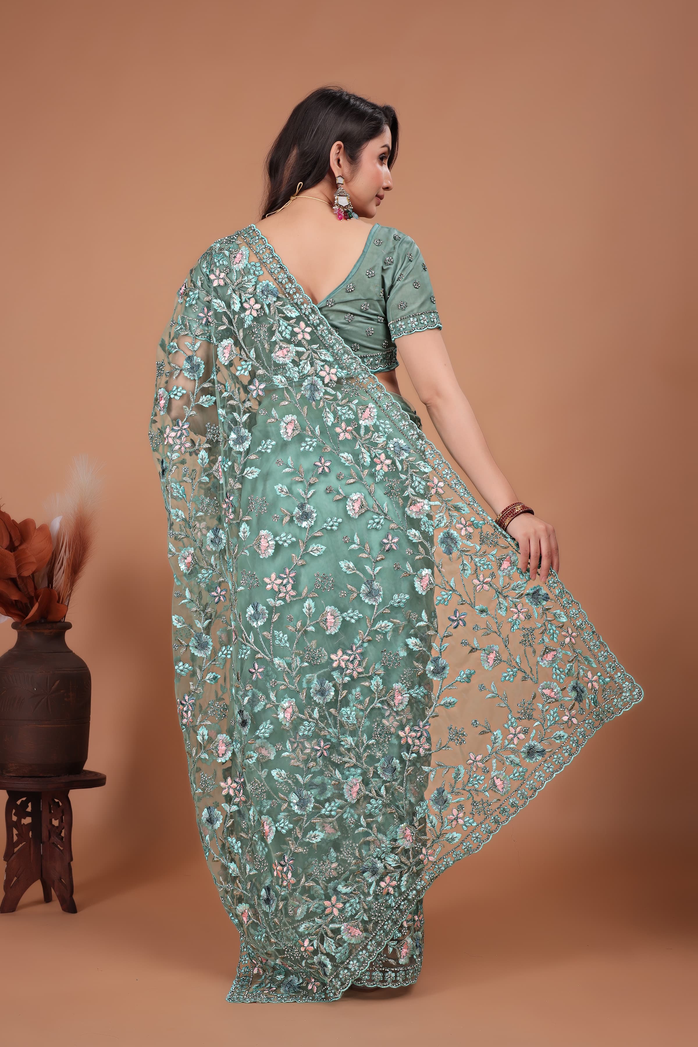 Ritual Styles Firozi Coading Swarovski Floral Embroidery Net Saree image 5