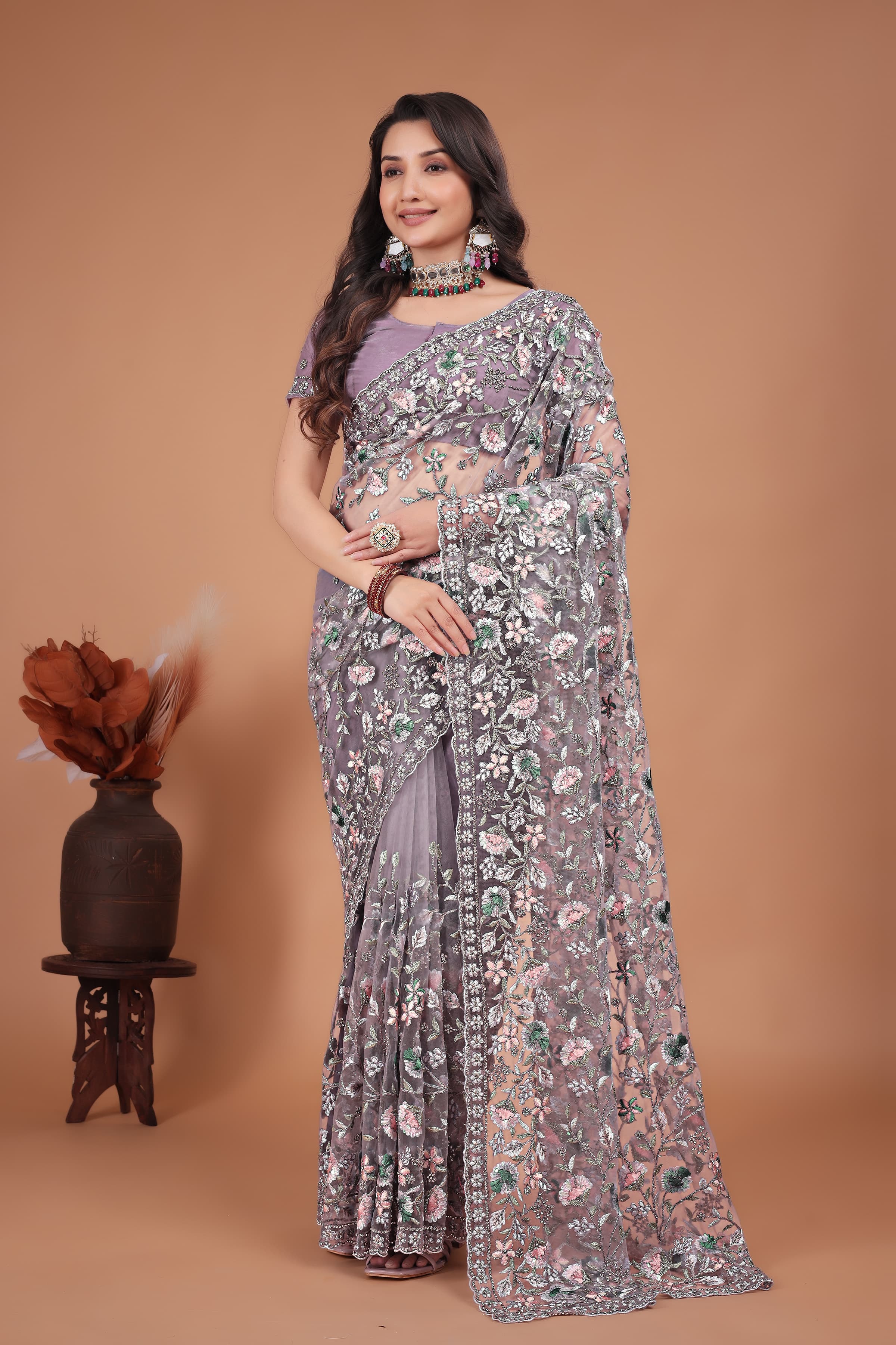 Ritual Styles Lavender Coading Swarovski Floral Embroidery Net Saree image 1