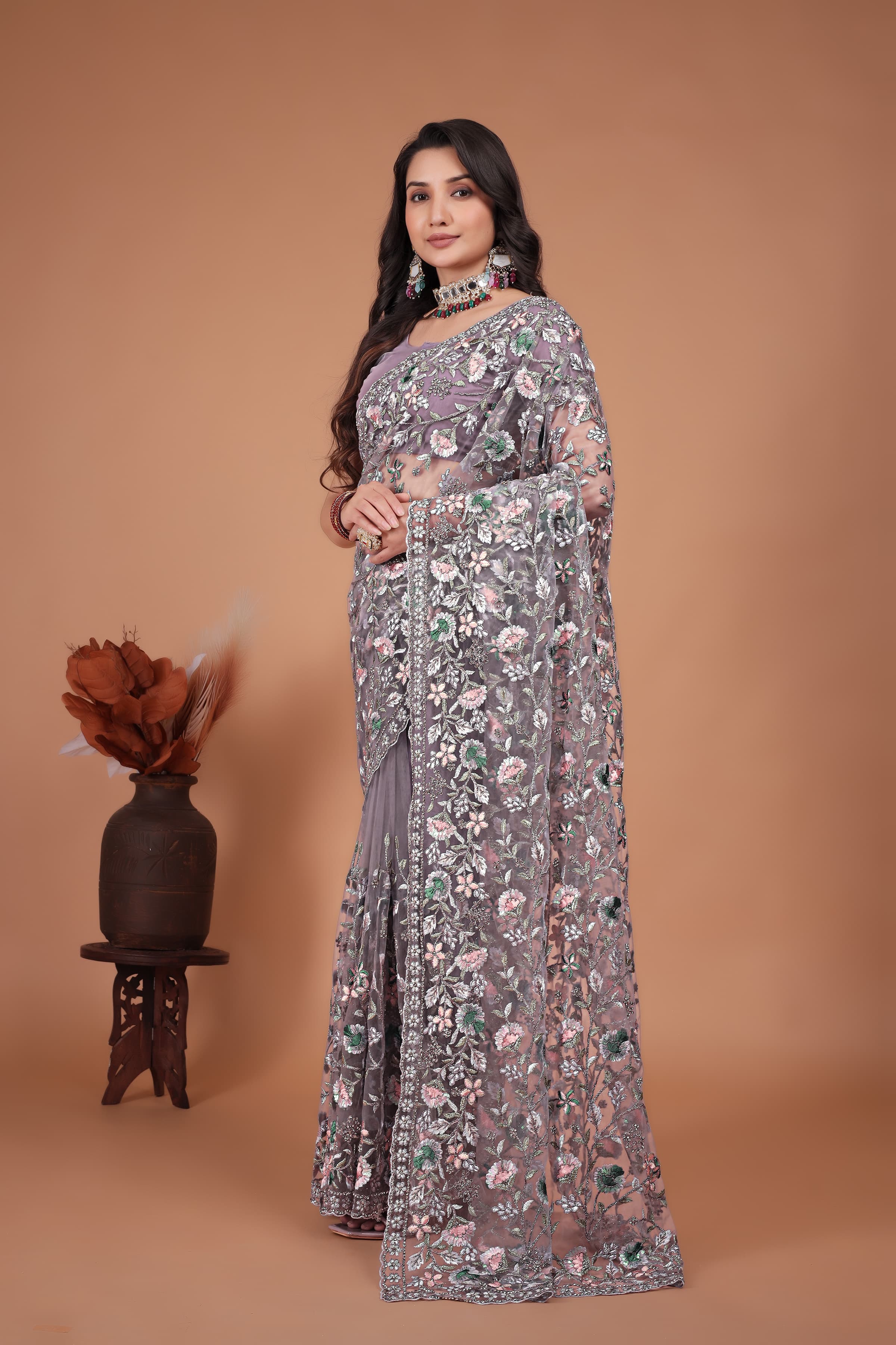 Ritual Styles Lavender Coading Swarovski Floral Embroidery Net Saree image 2