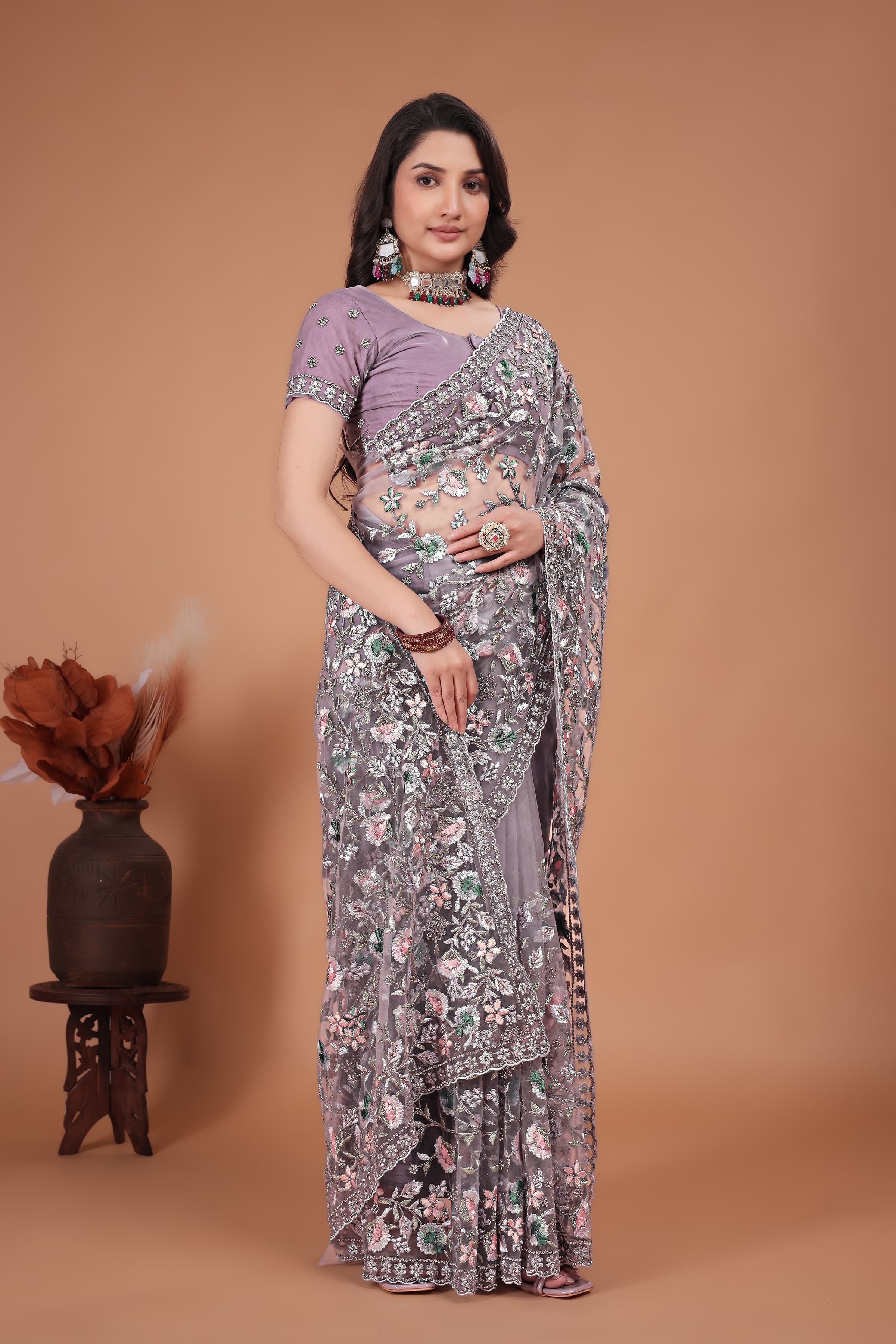 Ritual Styles Lavender Coading Swarovski Floral Embroidery Net Saree image 4