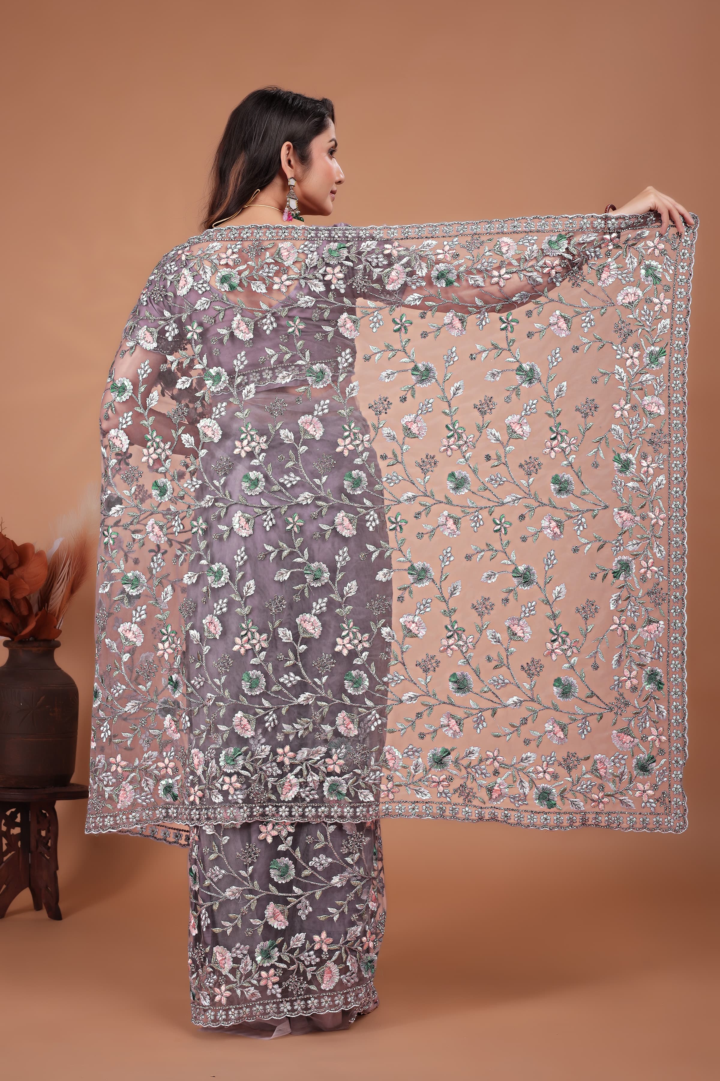 Ritual Styles Lavender Coading Swarovski Floral Embroidery Net Saree image 5