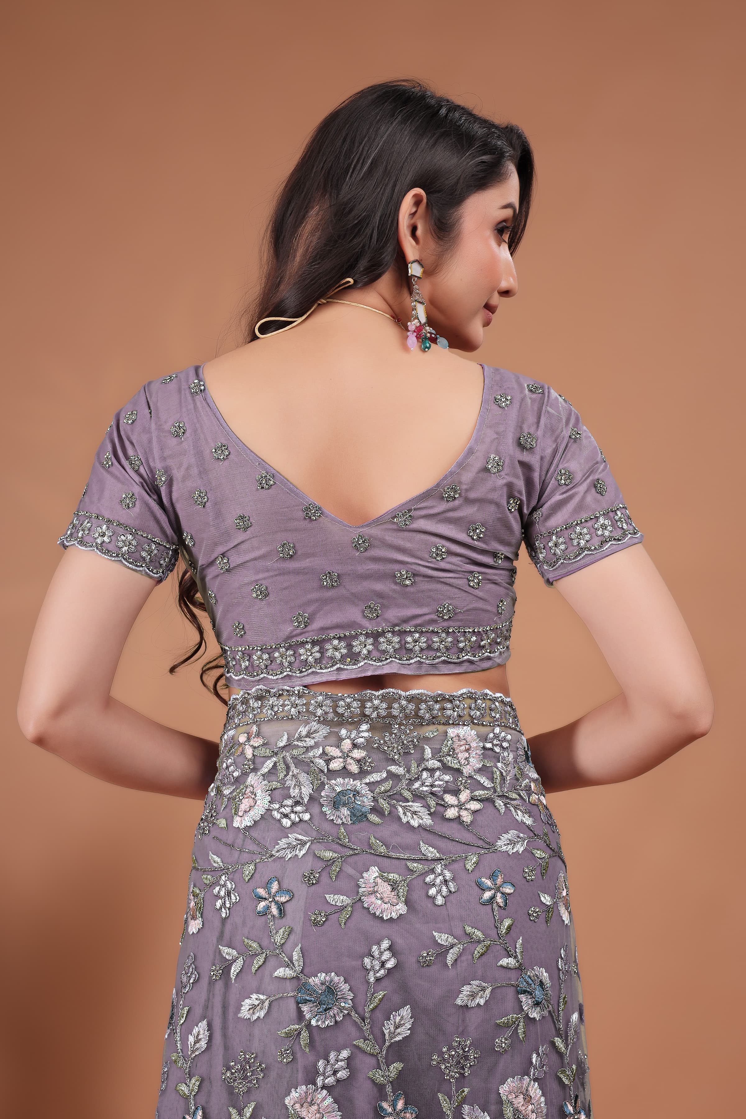 Ritual Styles Lavender Coading Swarovski Floral Embroidery Net Saree image 6