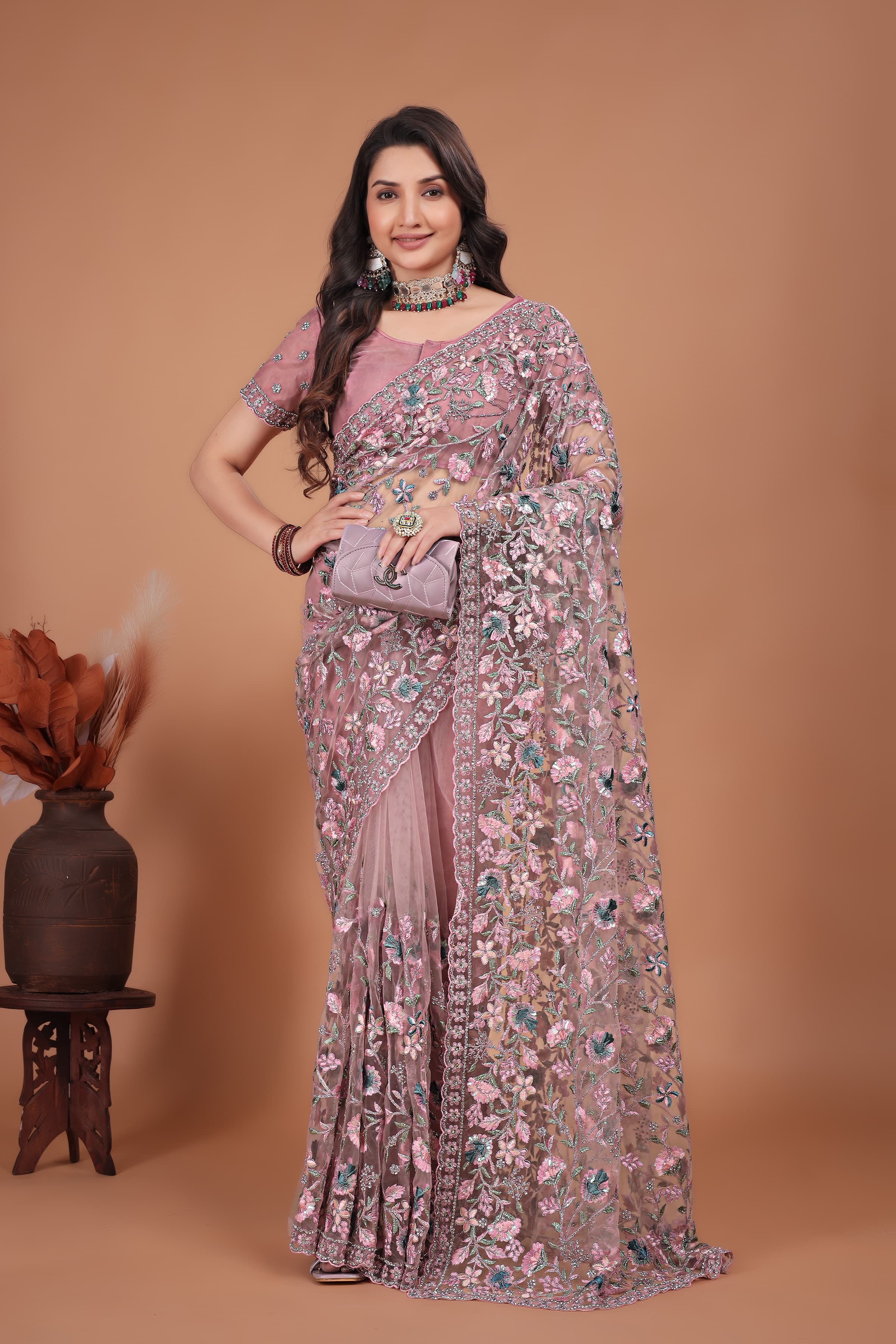 Ritual Styles Pink Coading Swarovski Floral Embroidery Net Saree image 1