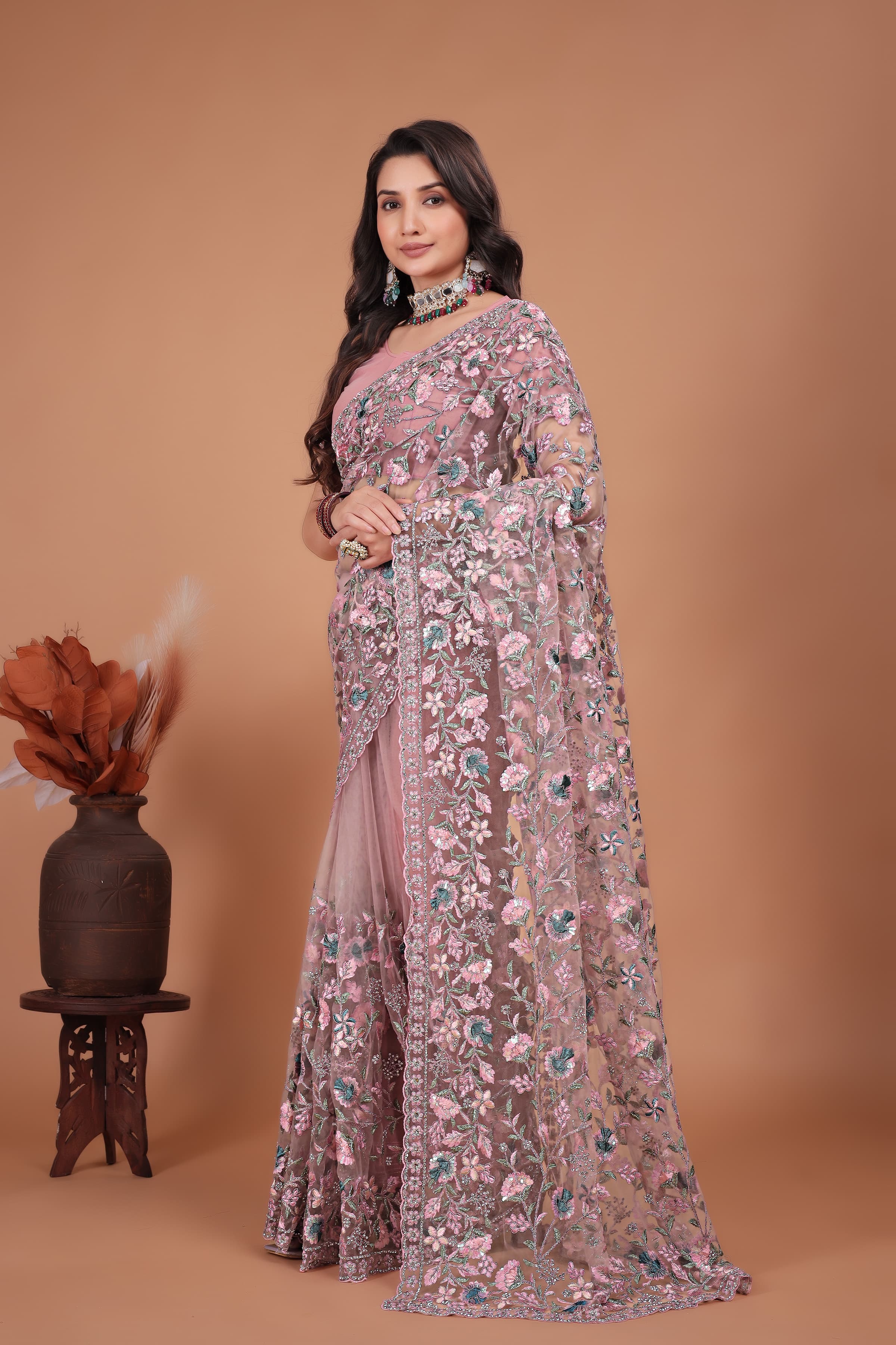 Ritual Styles Pink Coading Swarovski Floral Embroidery Net Saree image 2