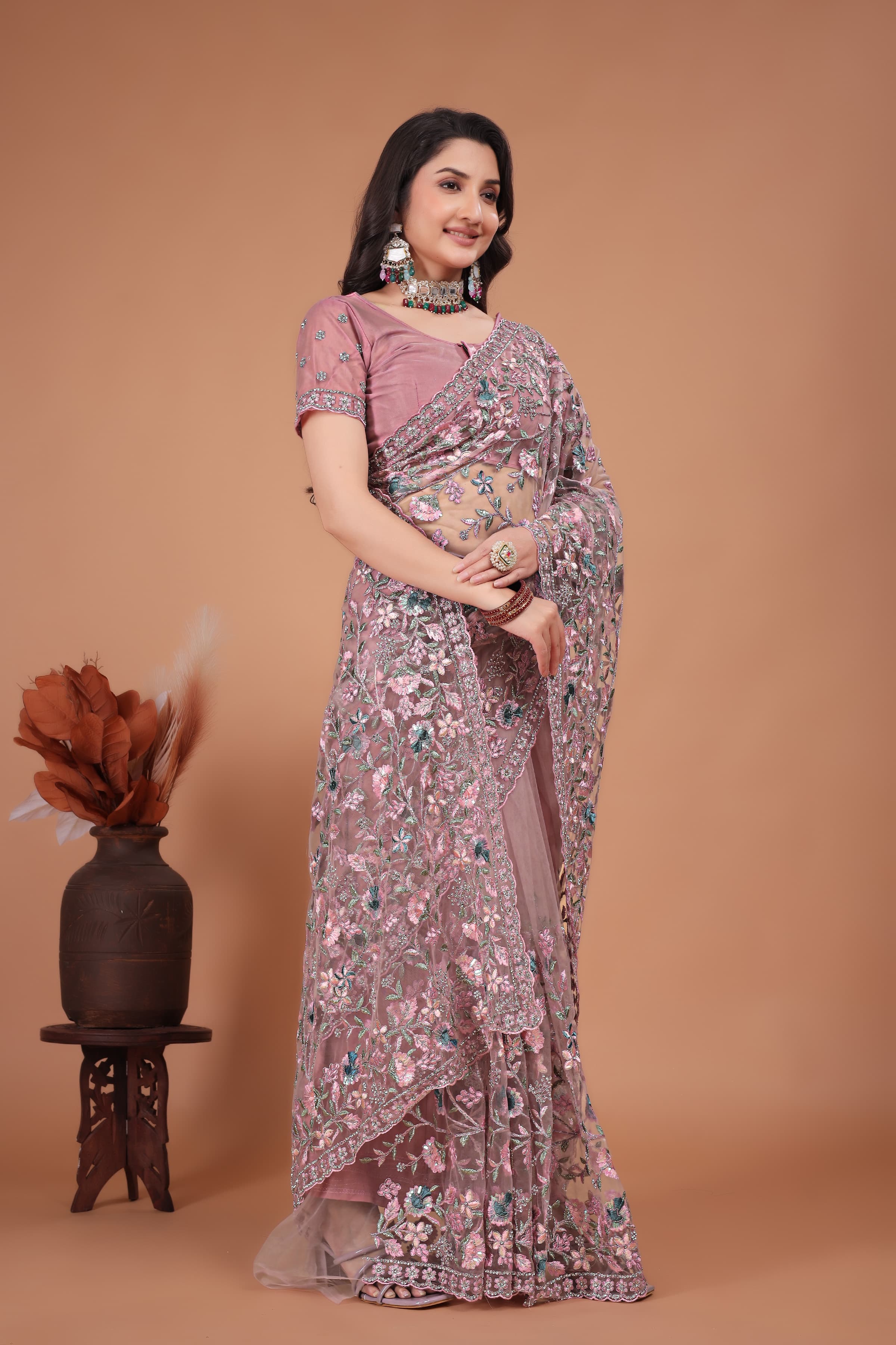 Ritual Styles Pink Coading Swarovski Floral Embroidery Net Saree image 4