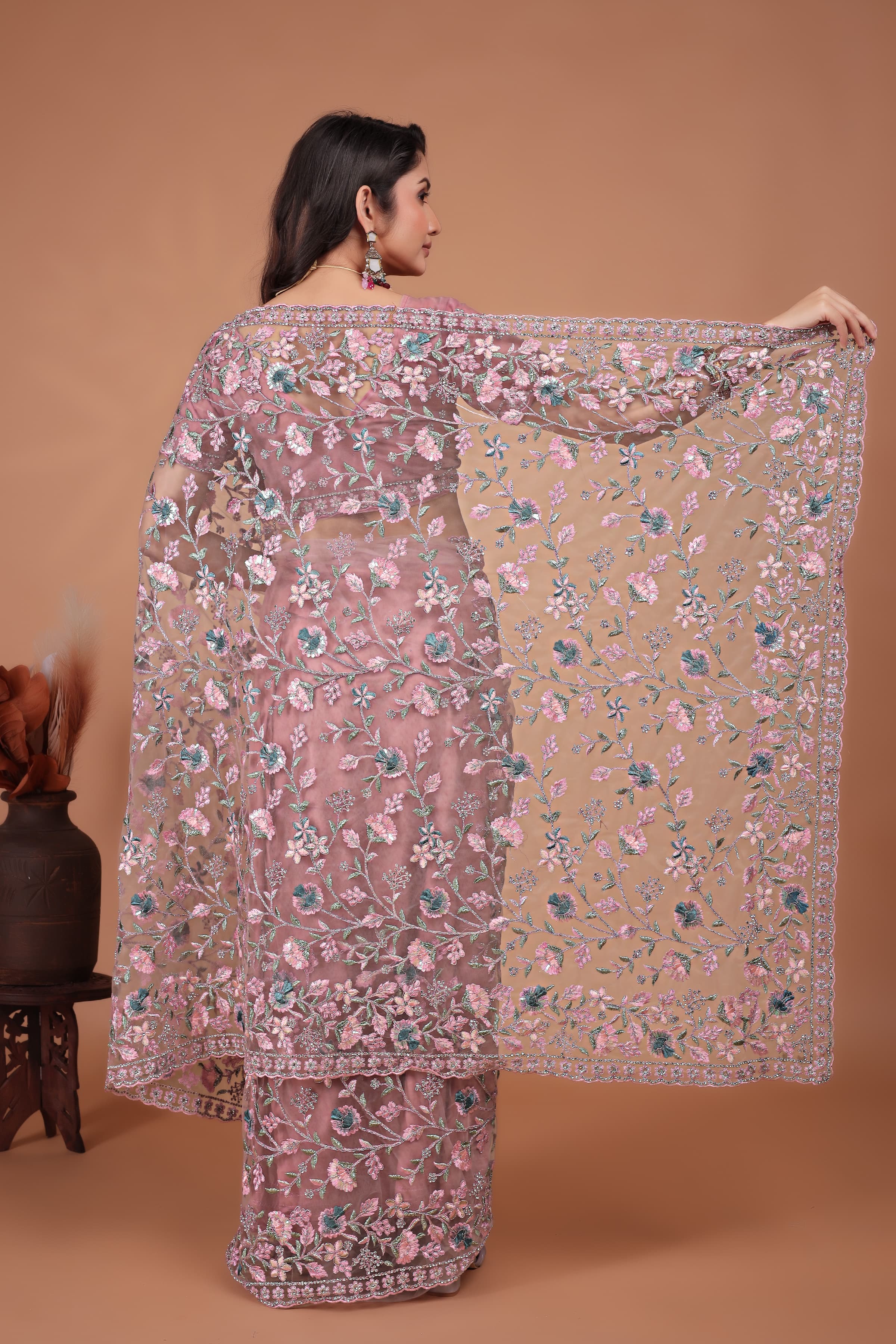 Ritual Styles Pink Coading Swarovski Floral Embroidery Net Saree image 5