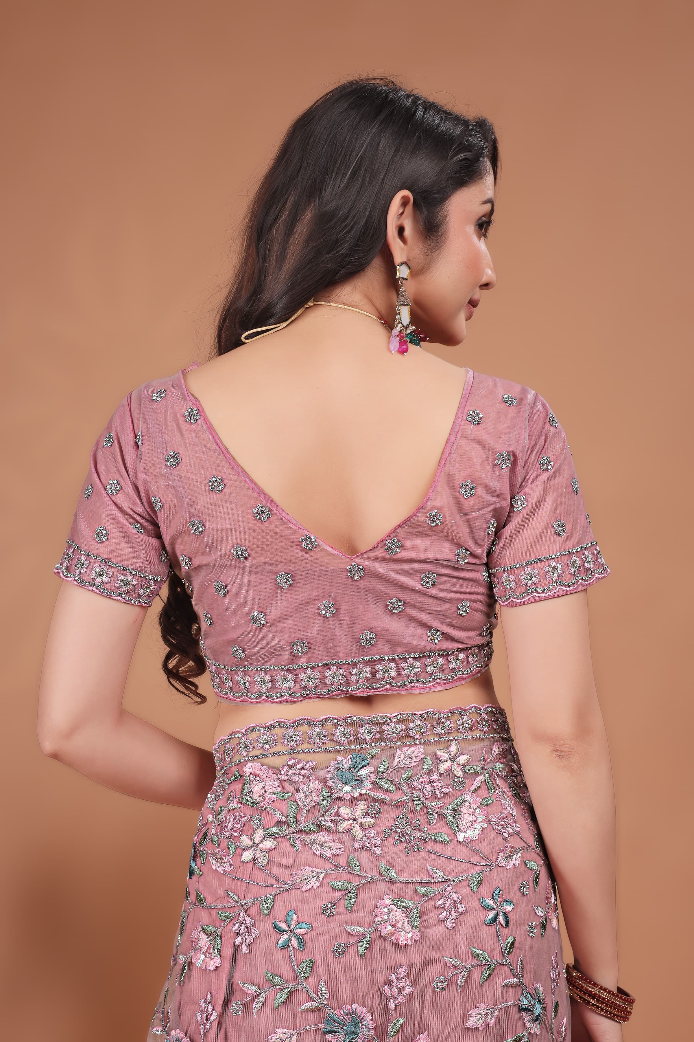 Ritual Styles Pink Coading Swarovski Floral Embroidery Net Saree image 6