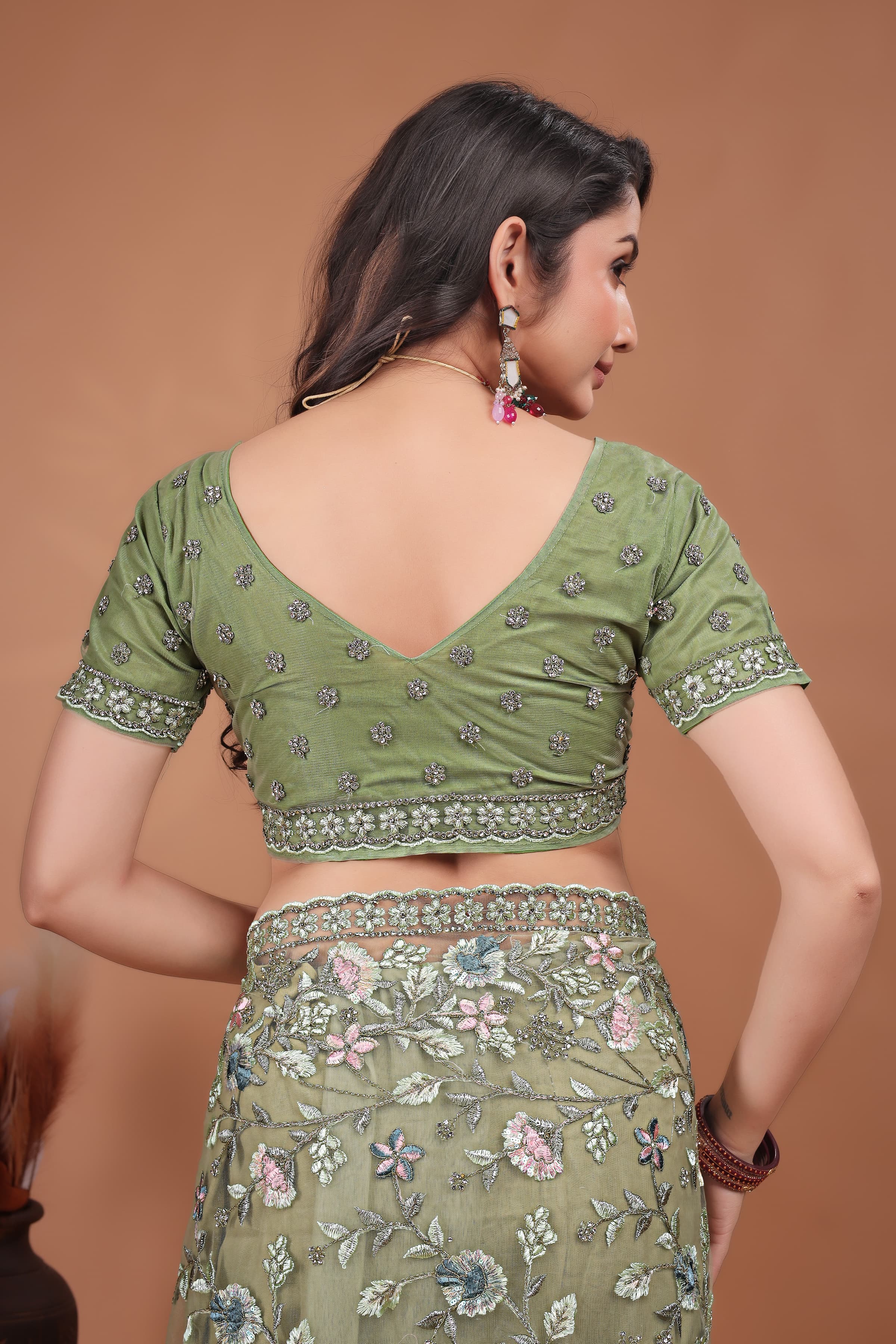 Ritual Styles Pista Green Coading Swarovski Floral Embroidery Net Saree image 6