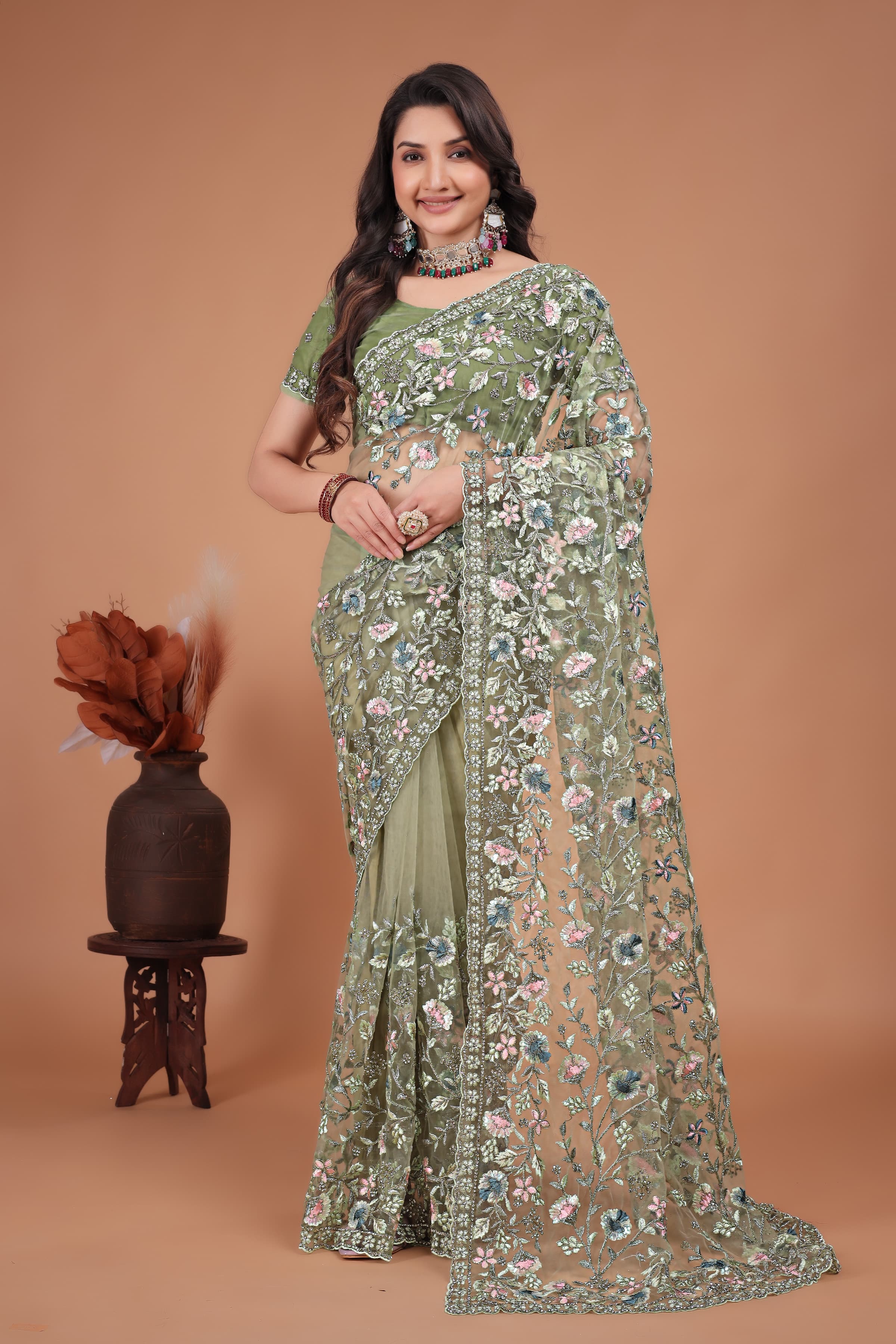 Ritual Styles Pista Green Coading Swarovski Floral Embroidery Net Saree image 2