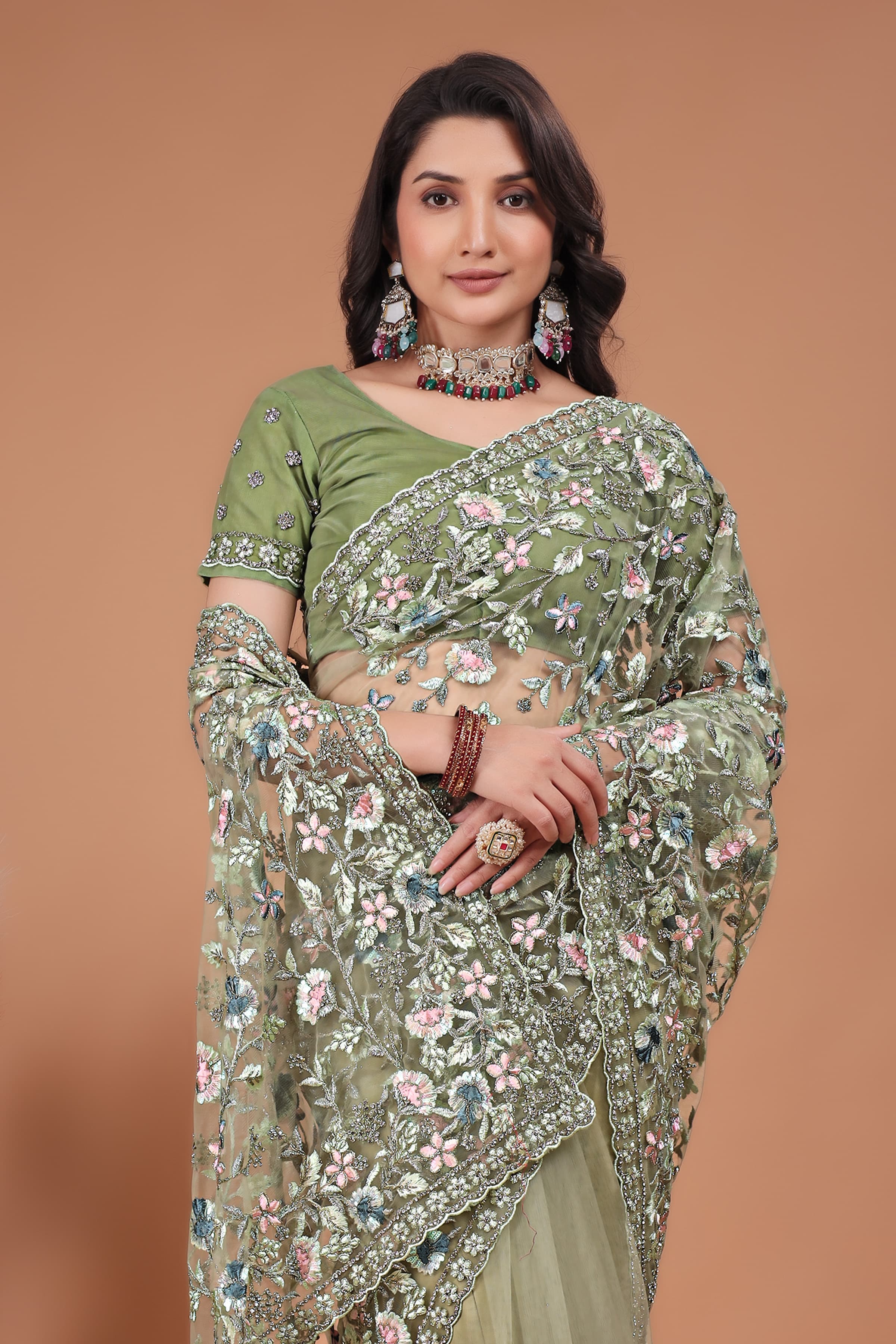 Ritual Styles Pista Green Coading Swarovski Floral Embroidery Net Saree image 3