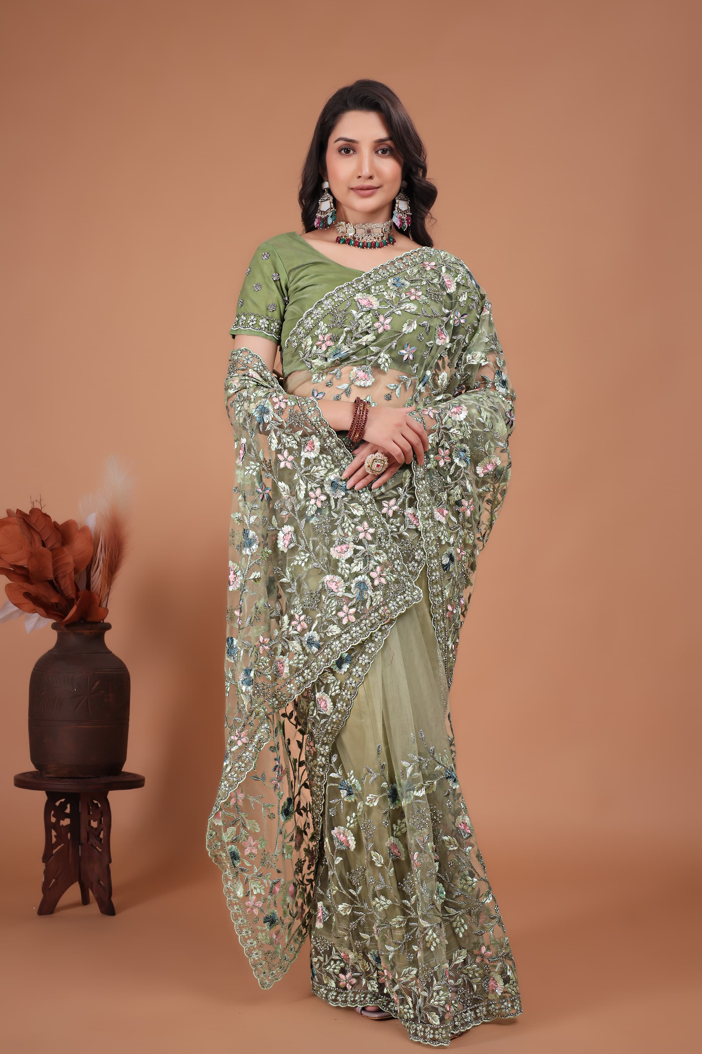 Ritual Styles Pista Green Coading Swarovski Floral Embroidery Net Saree image 4