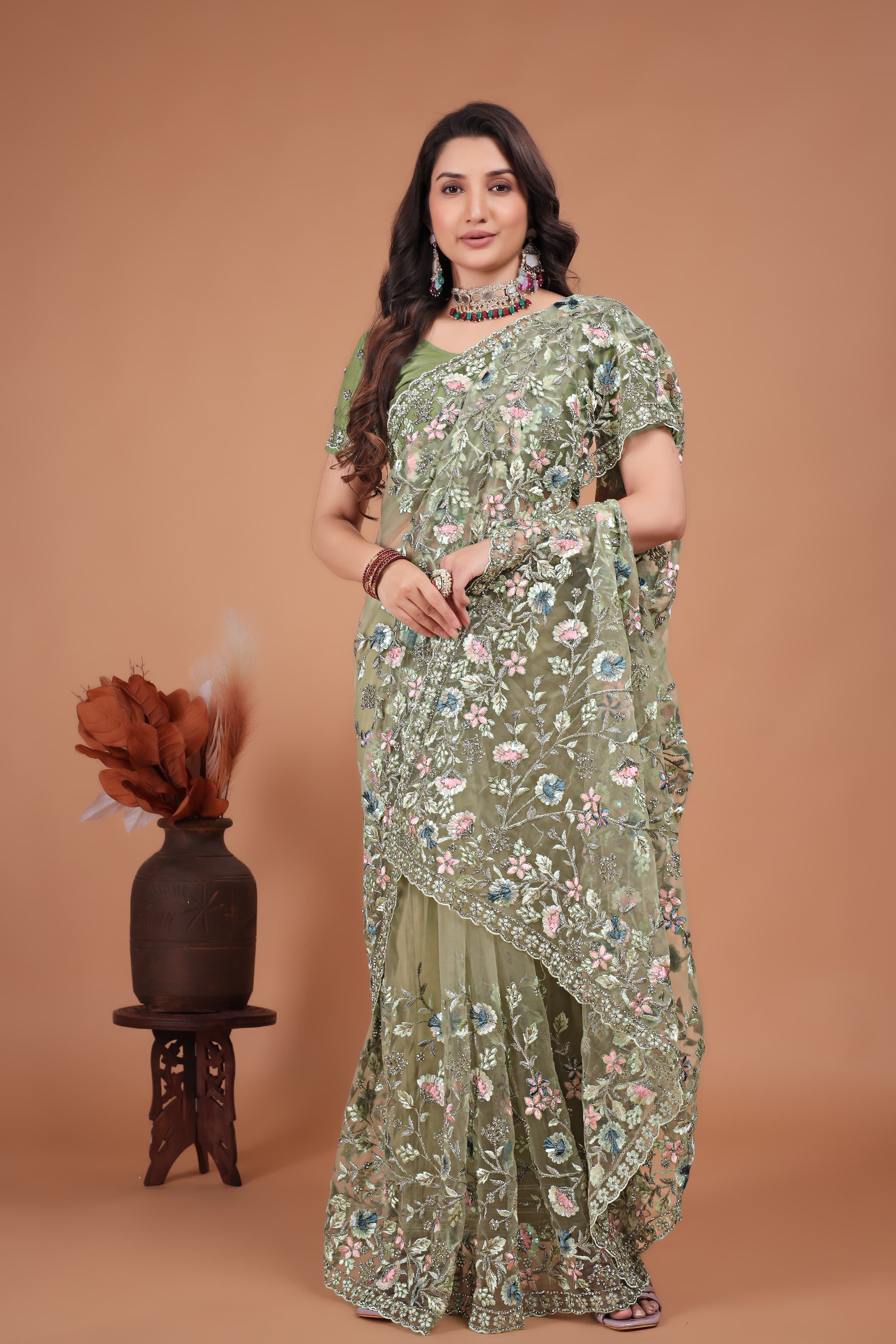 Ritual Styles Pista Green Coading Swarovski Floral Embroidery Net Saree image 5