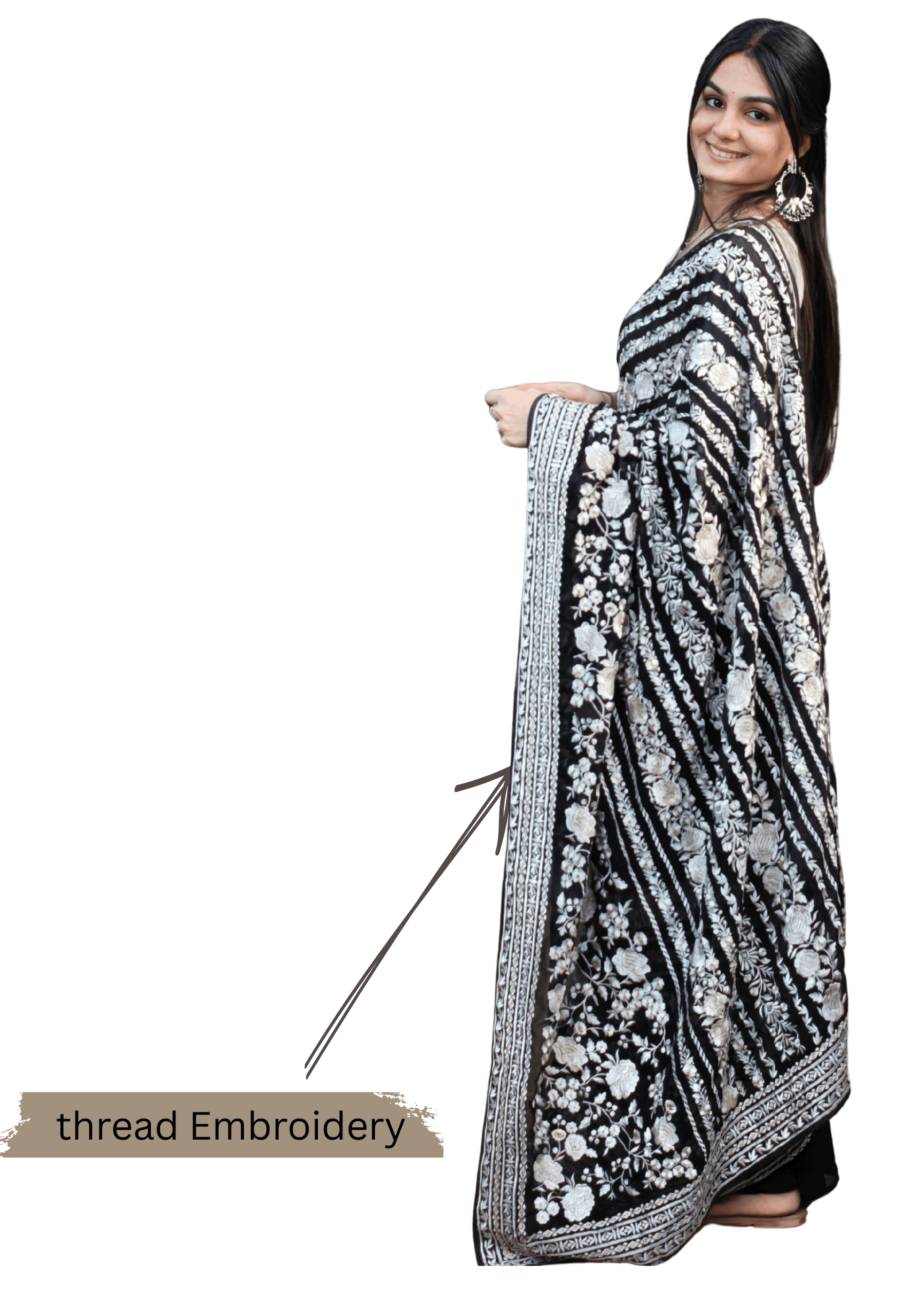 Ritual Styles Black Floral Striped Thread Embroidery Saree with Heavy Border image 1