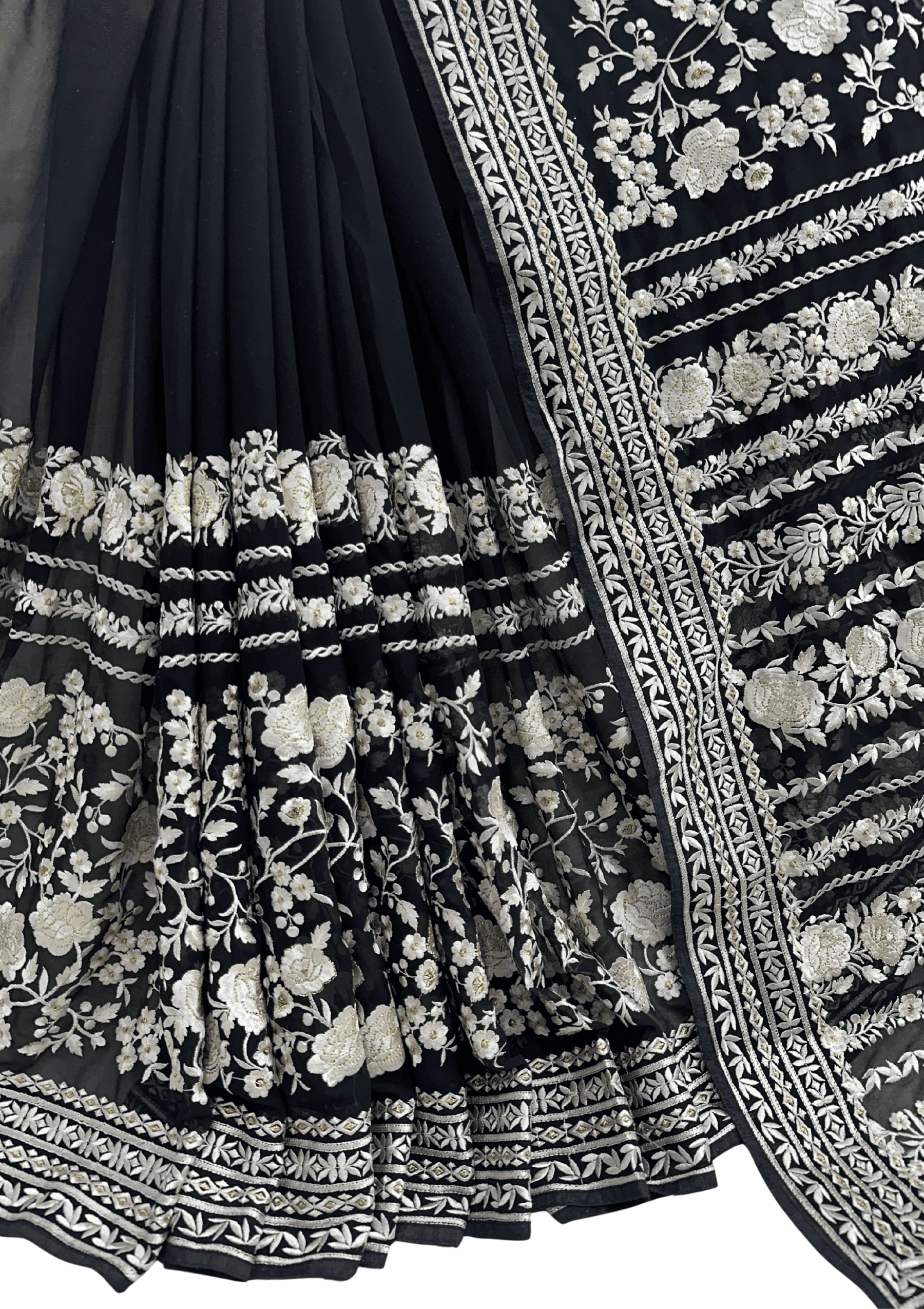 Ritual Styles Black Floral Striped Thread Embroidery Saree with Heavy Border image 6