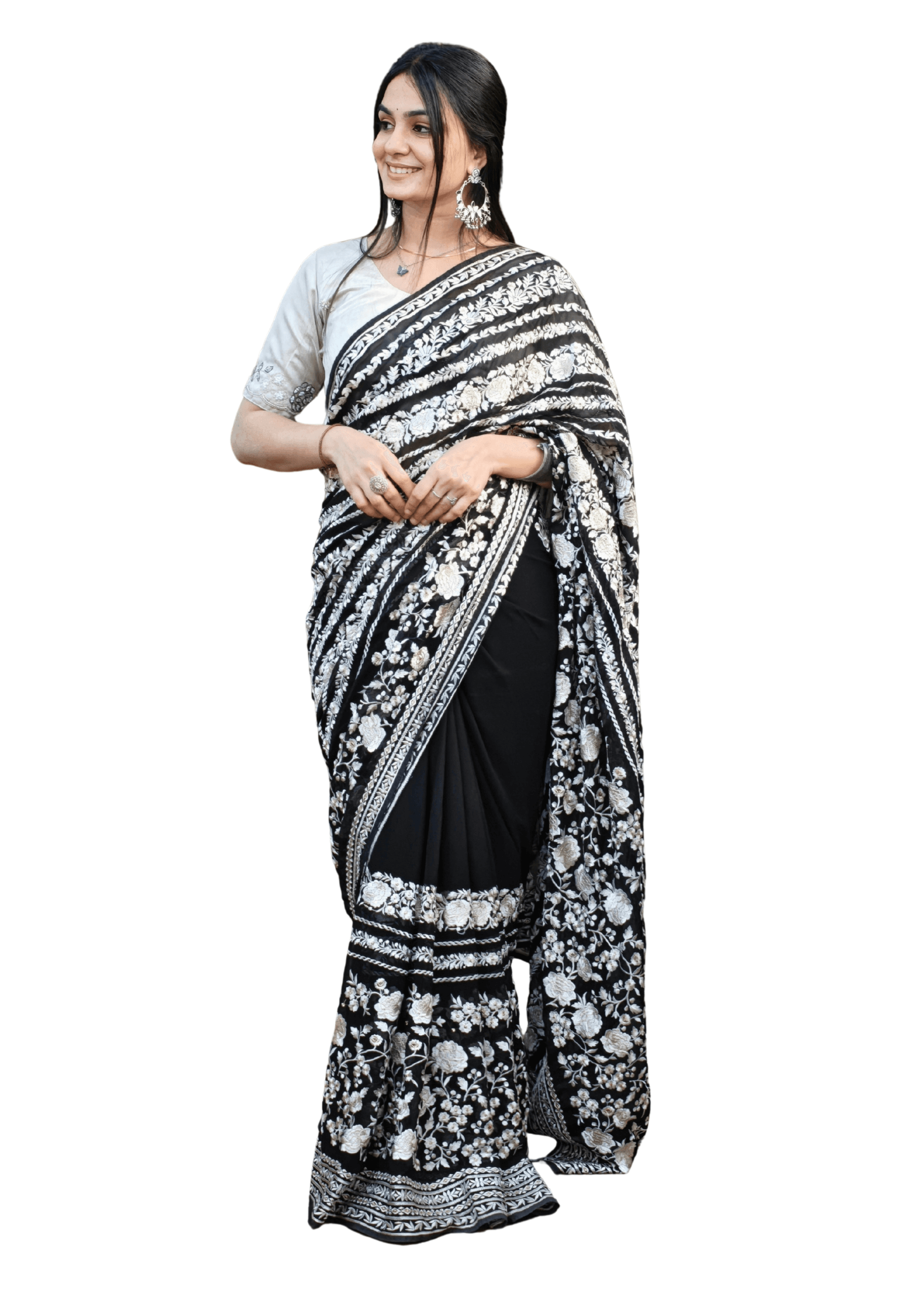 Ritual Styles Black Floral Striped Thread Embroidery Saree with Heavy Border image 7