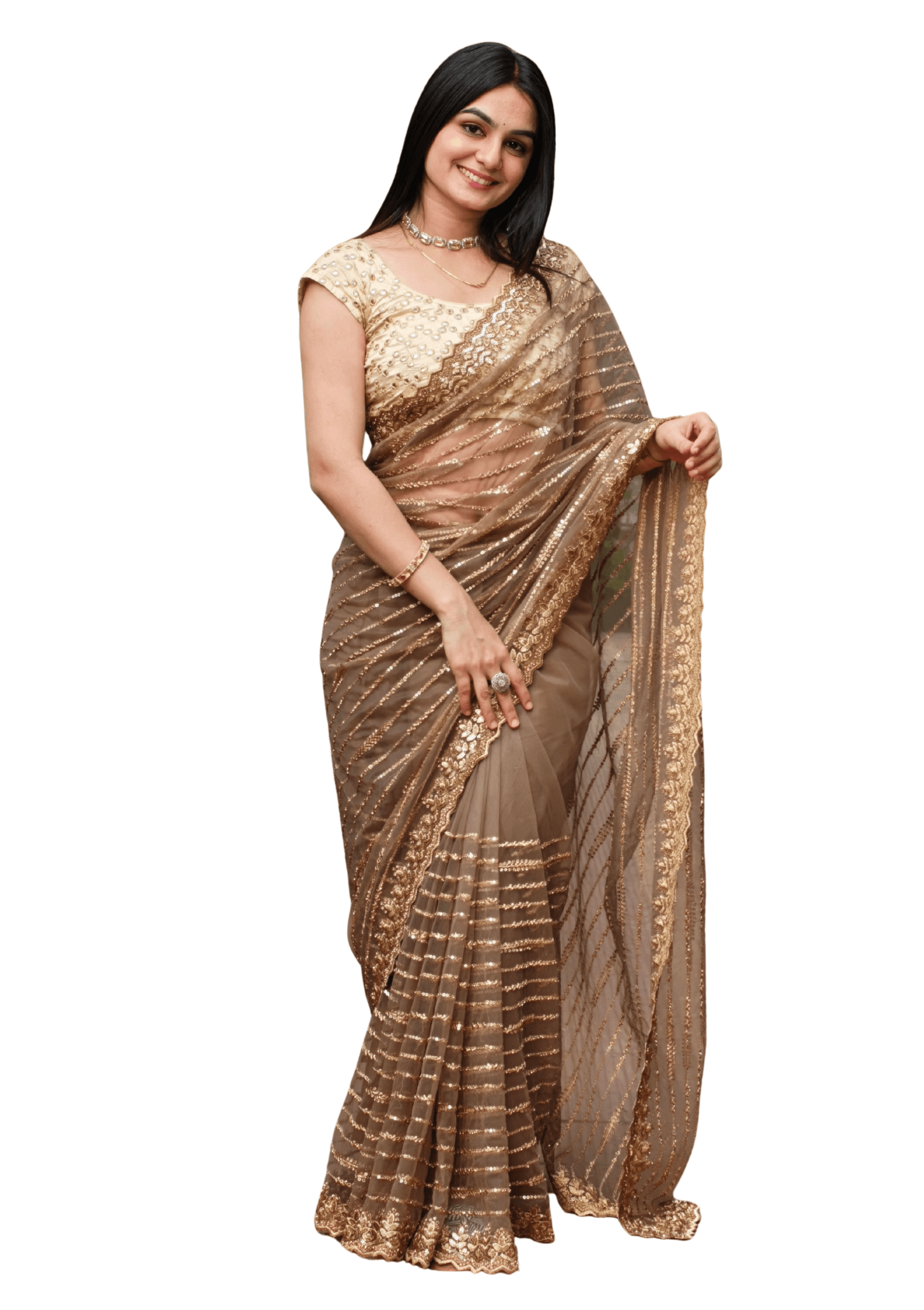 Ritual Styles Beige Stone Embellished Striped Designer Saree with Scalloped Embroidered Border image 1