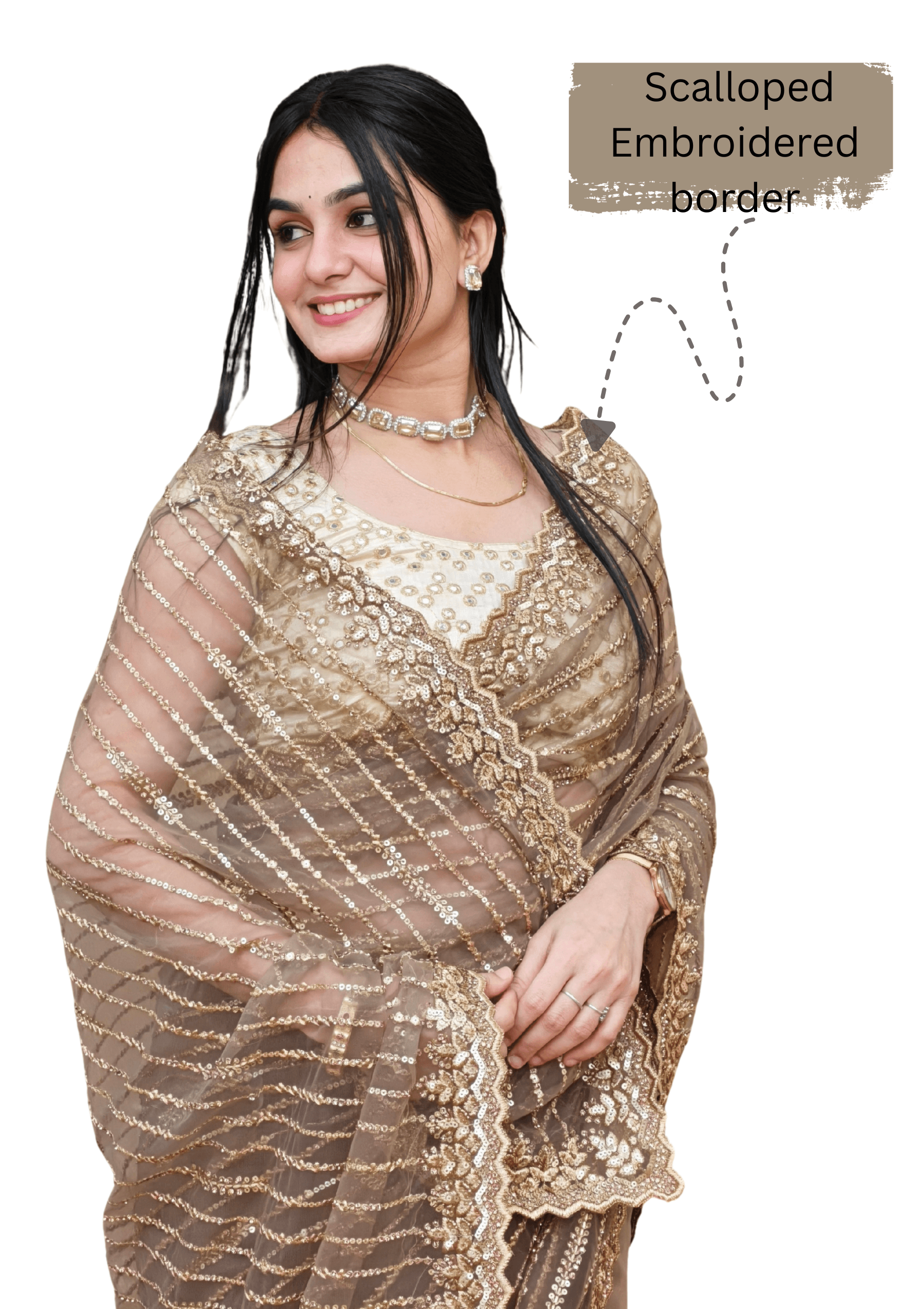 Ritual Styles Beige Stone Embellished Striped Designer Saree with Scalloped Embroidered Border image 3