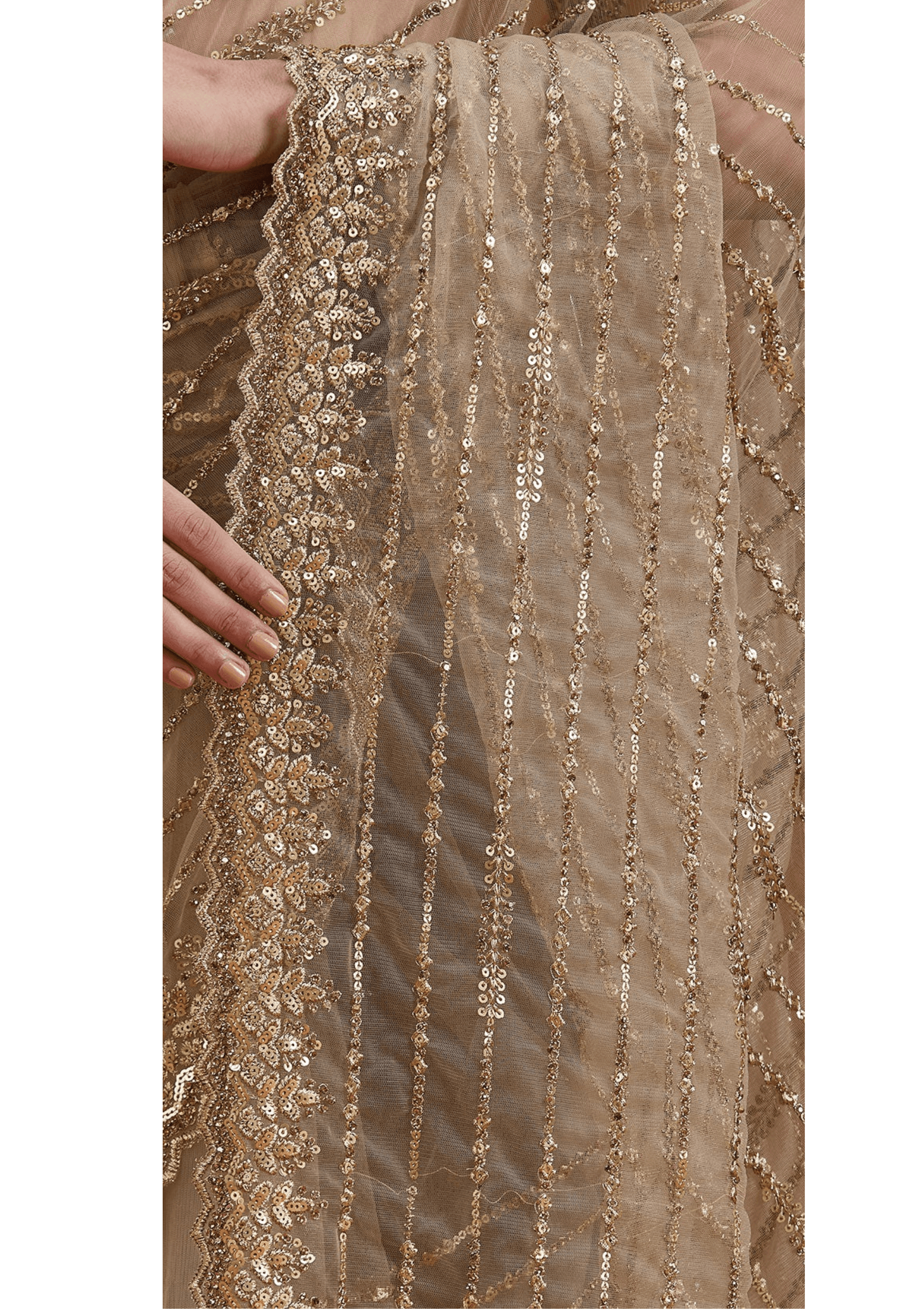 Ritual Styles Beige Stone Embellished Striped Designer Saree with Scalloped Embroidered Border image 7