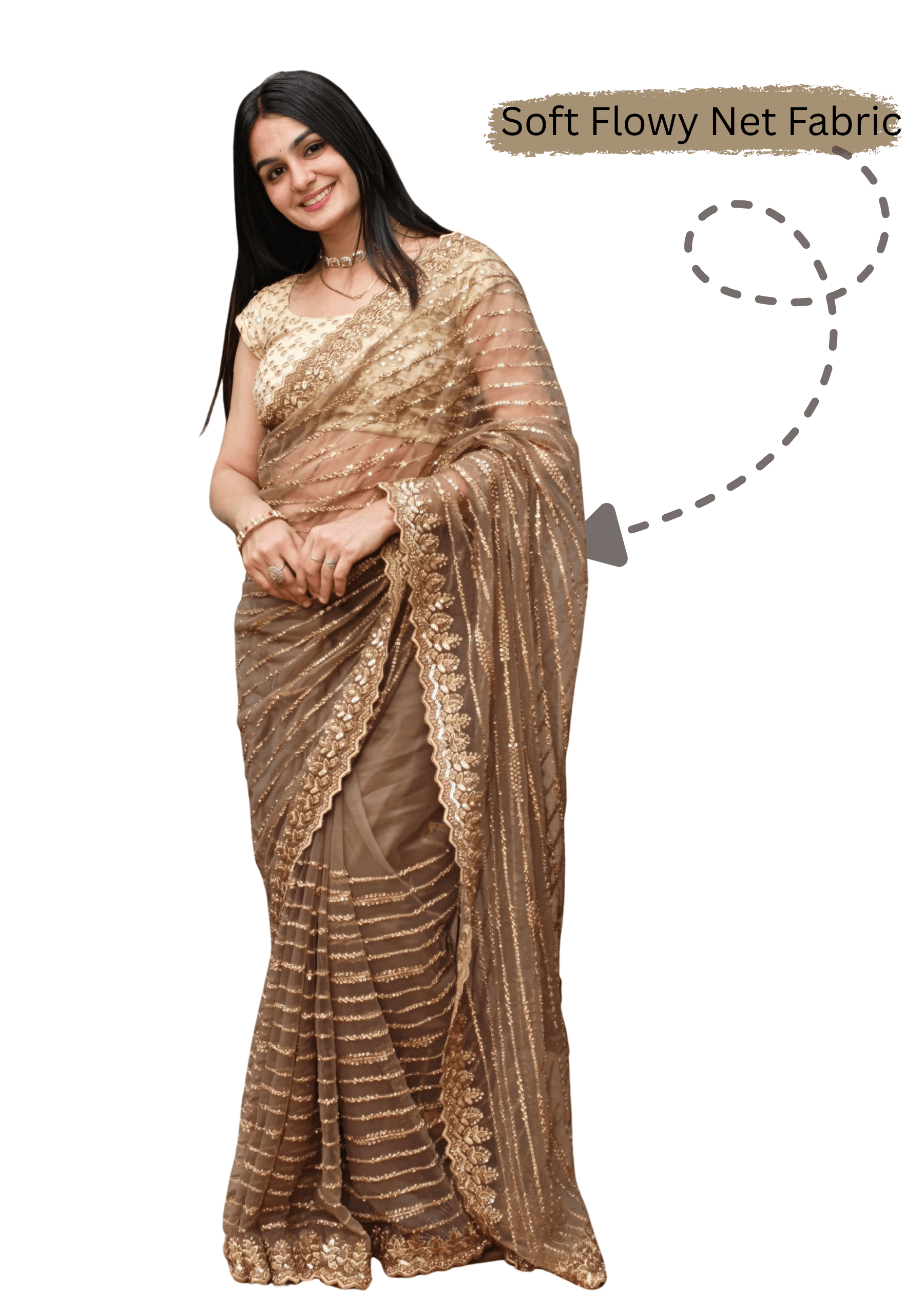 Ritual Styles Beige Stone Embellished Striped Designer Saree with Scalloped Embroidered Border image 8