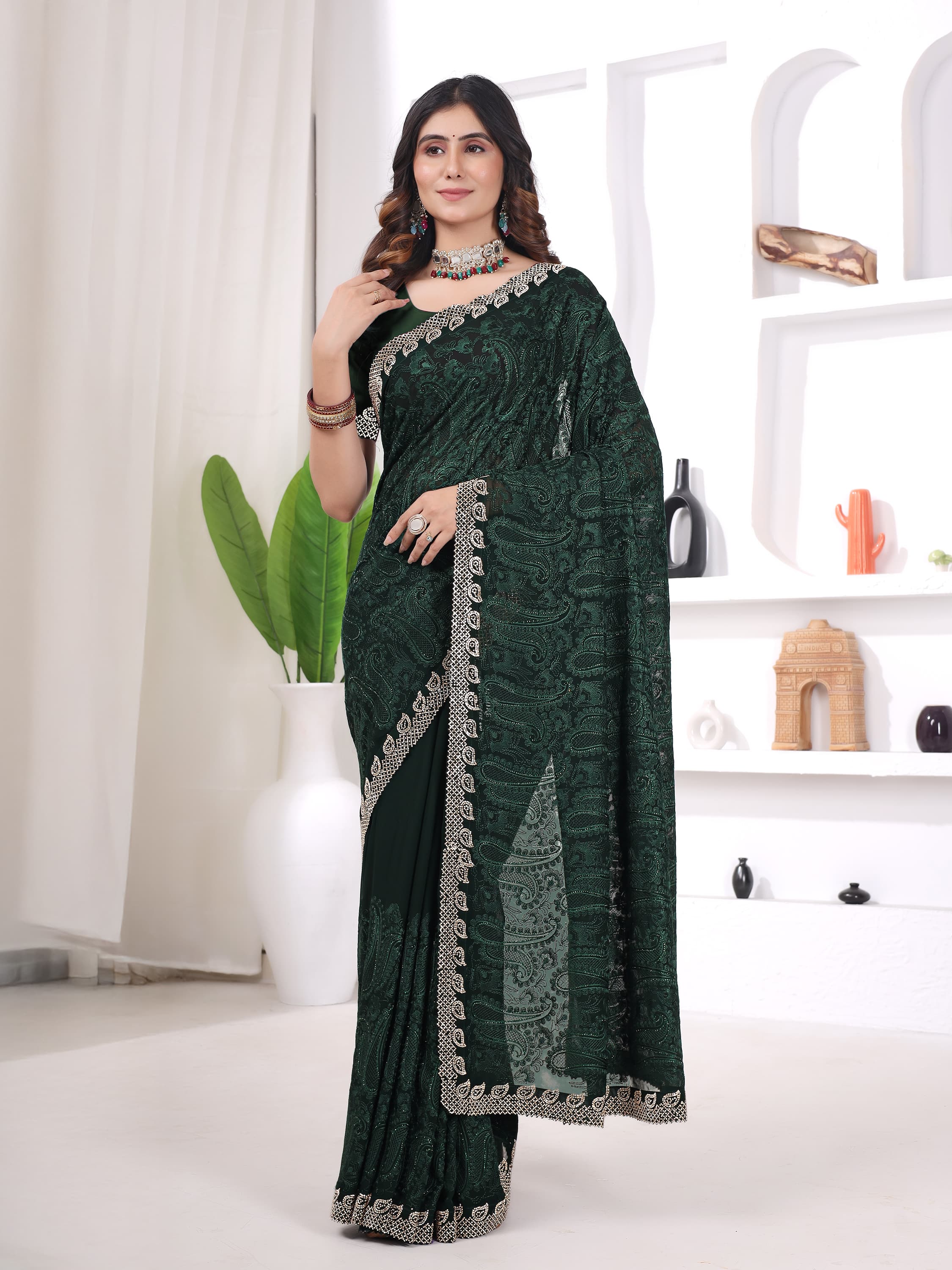 Ritual Styles Green Georgette Jurcan Work Designer Saree with Embroidered Border image 1