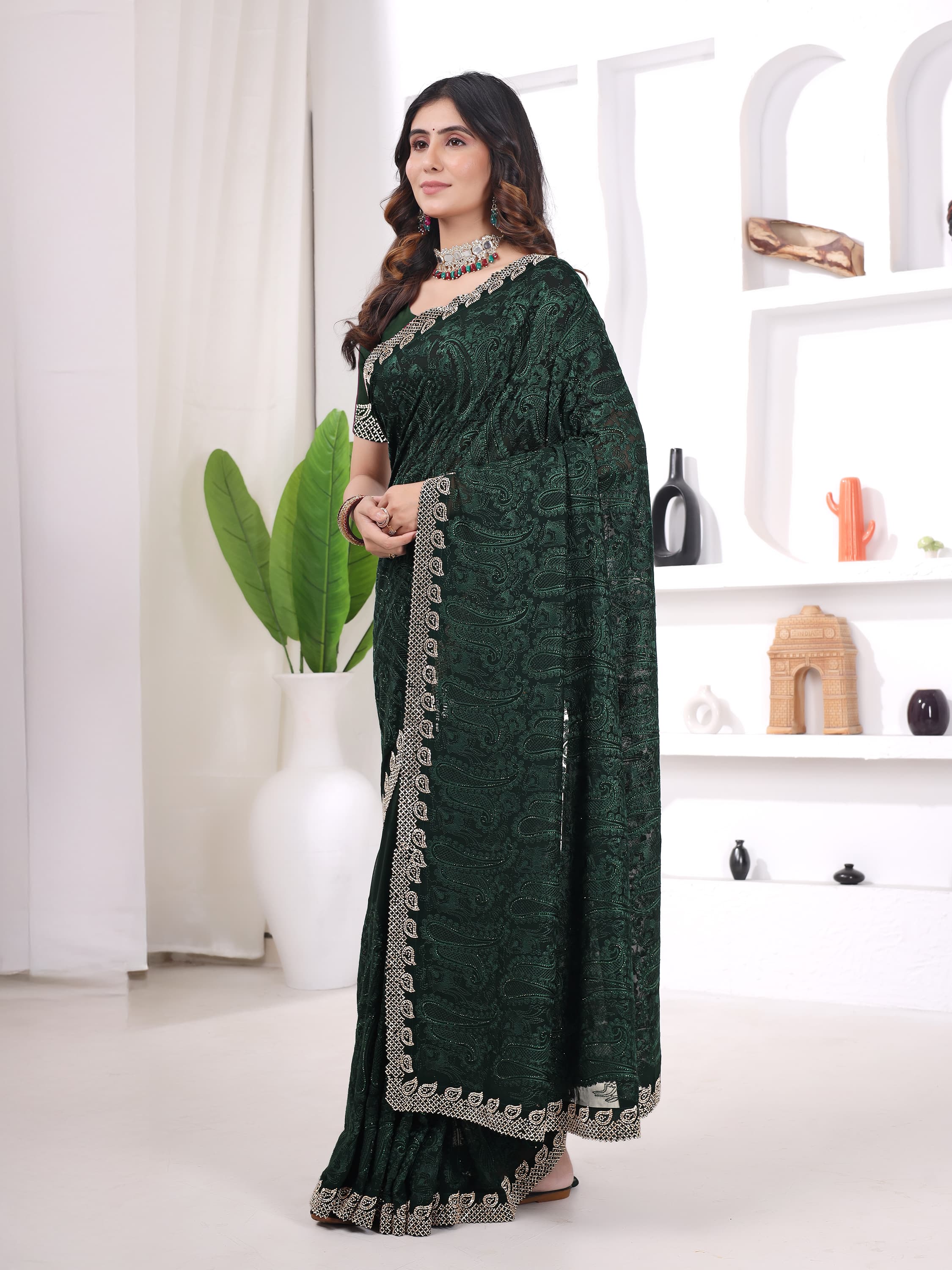 Ritual Styles Green Georgette Jurcan Work Designer Saree with Embroidered Border image 2