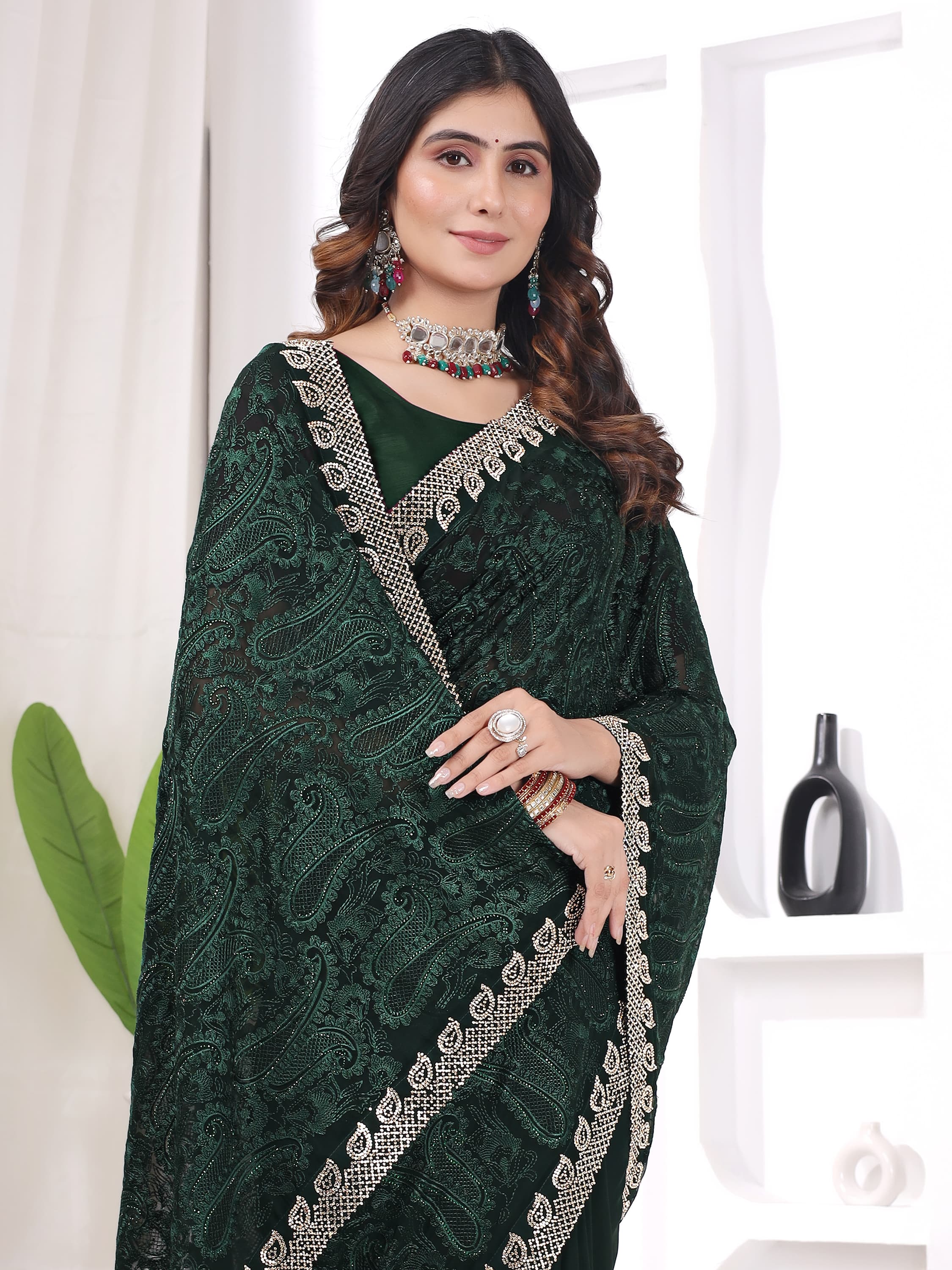 Ritual Styles Green Georgette Jurcan Work Designer Saree with Embroidered Border image 3