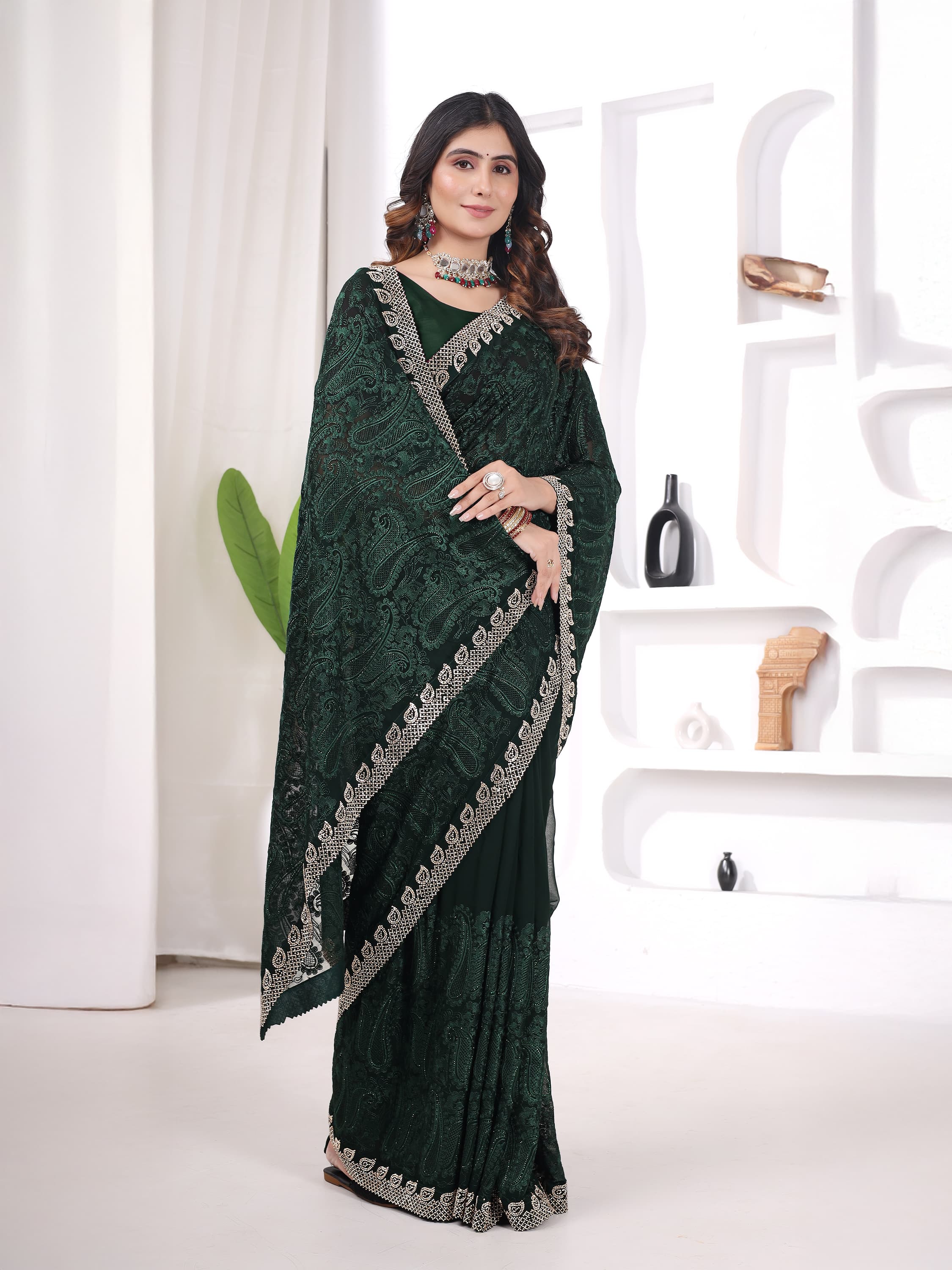 Ritual Styles Green Georgette Jurcan Work Designer Saree with Embroidered Border image 4