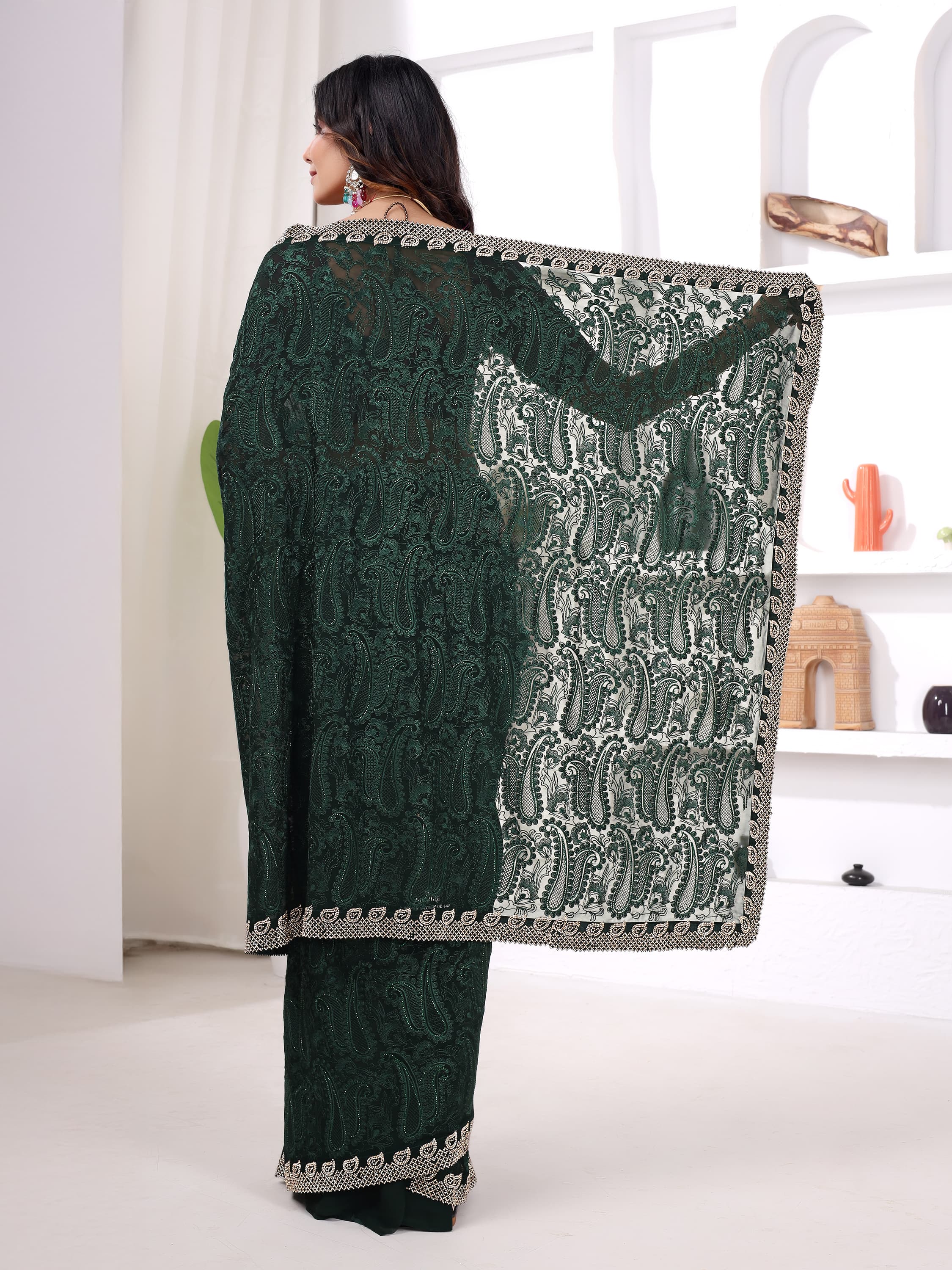 Ritual Styles Green Georgette Jurcan Work Designer Saree with Embroidered Border image 5