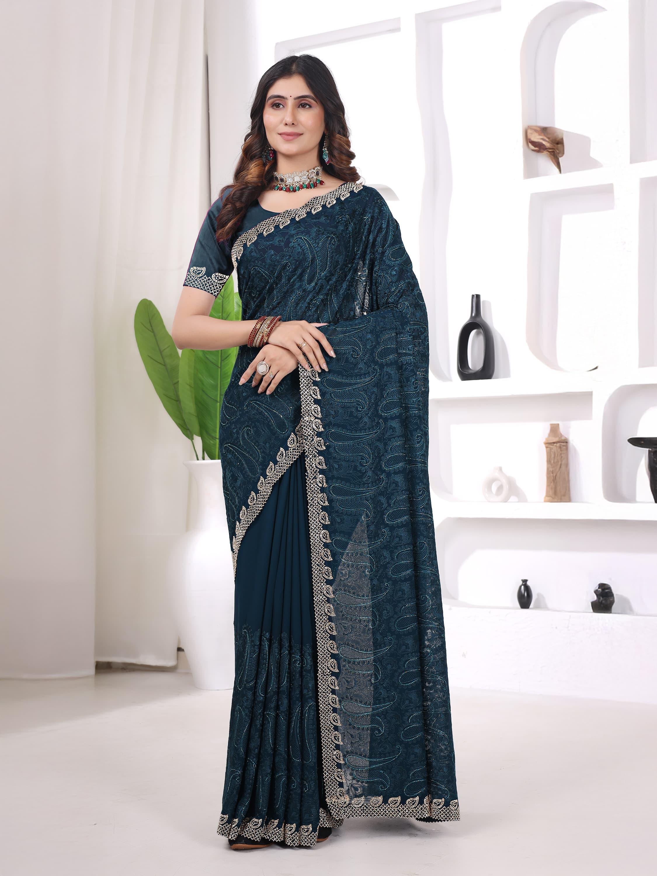 Ritual Styles Firozi Georgette Jurcan Work Designer Saree with Embellished Border image 1