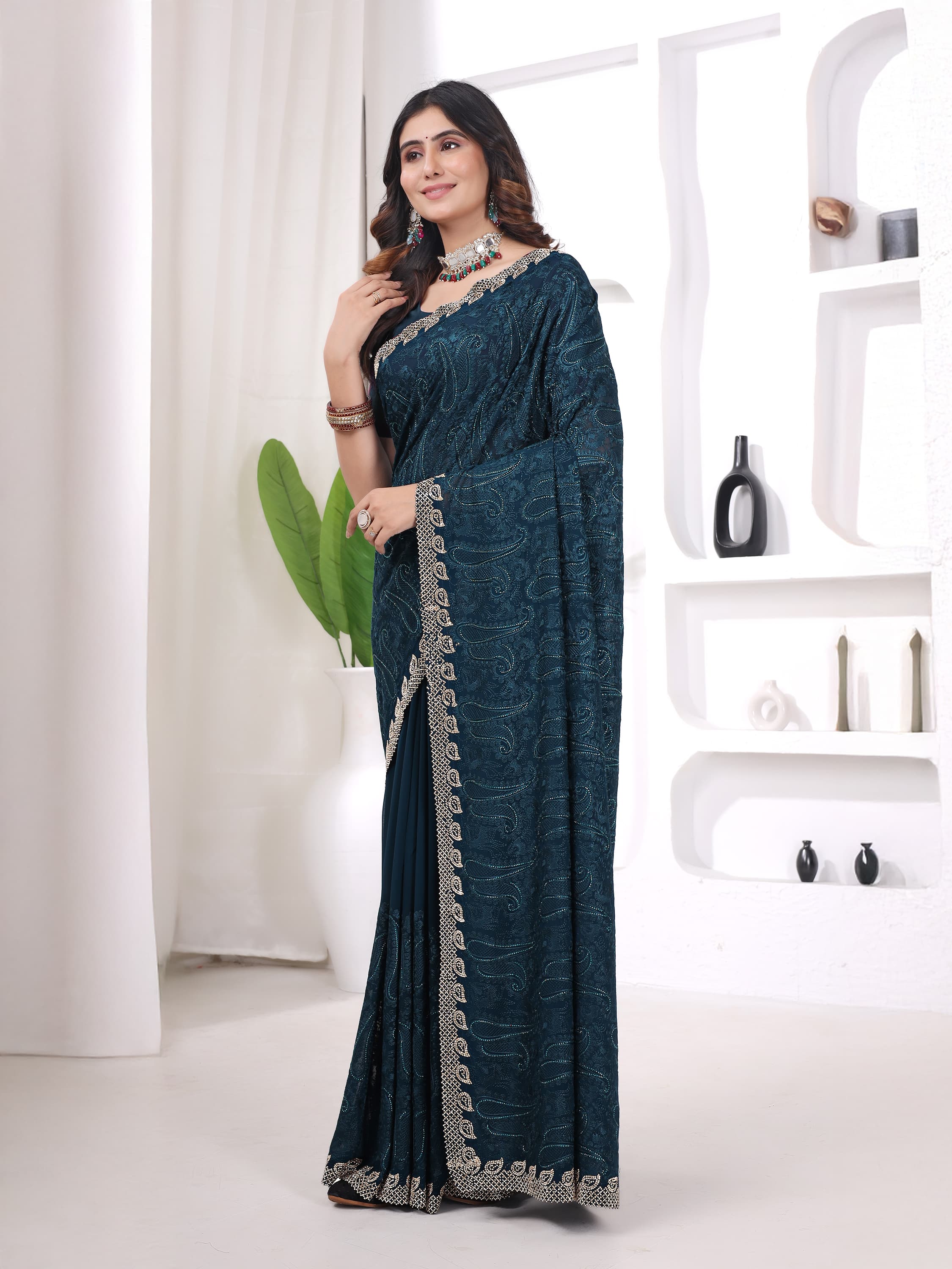 Ritual Styles Firozi Georgette Jurcan Work Designer Saree with Embellished Border image 2