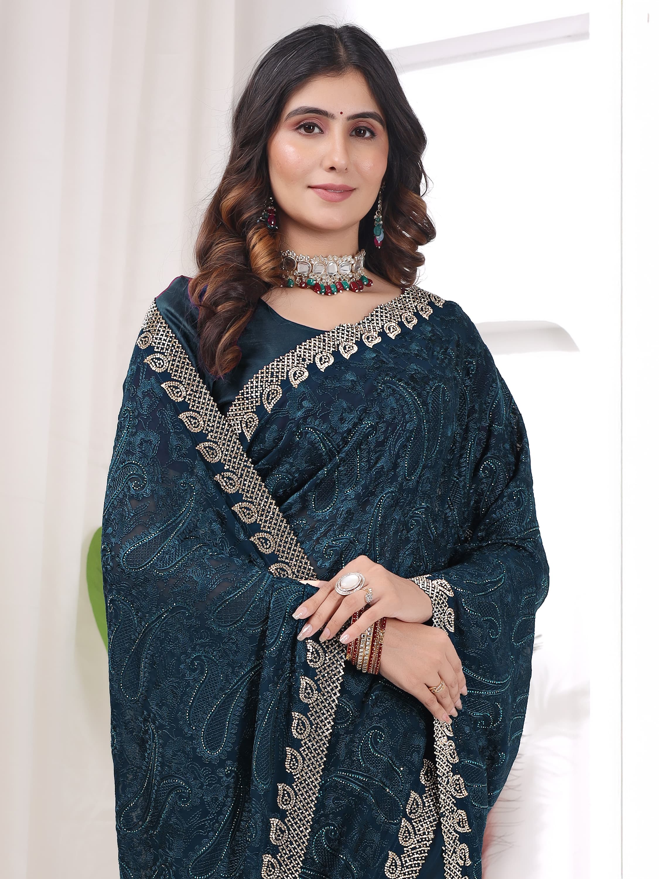 Ritual Styles Firozi Georgette Jurcan Work Designer Saree with Embellished Border image 3