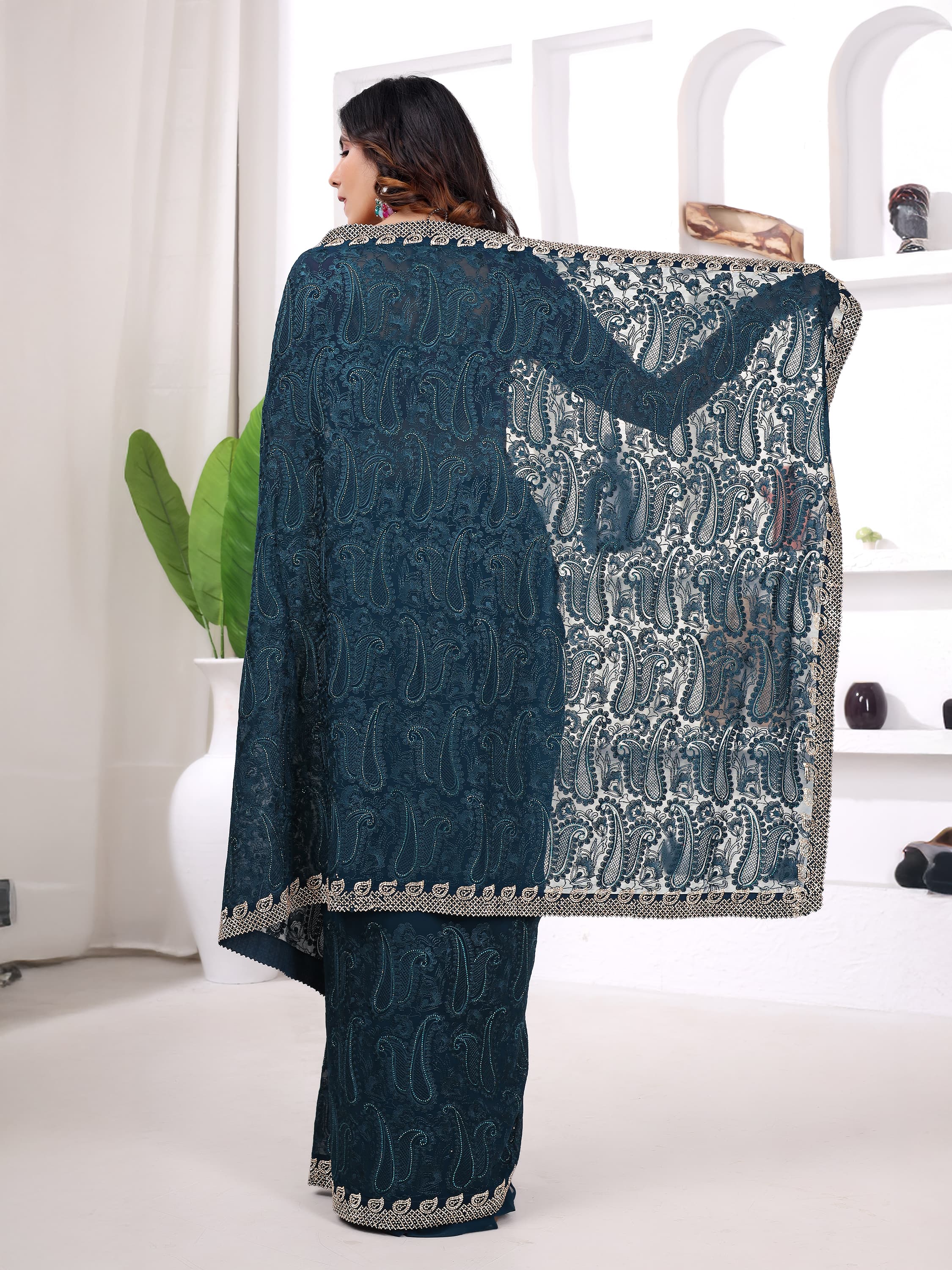 Ritual Styles Firozi Georgette Jurcan Work Designer Saree with Embellished Border image 5