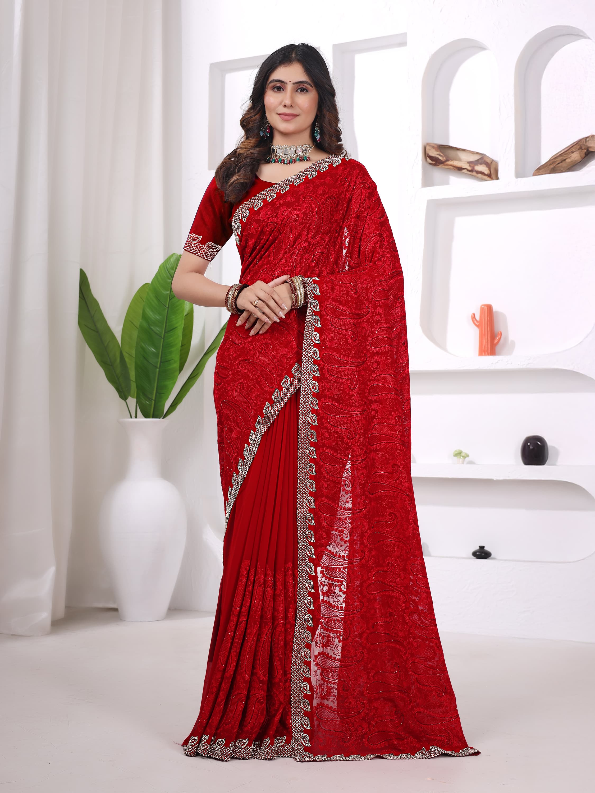 Ritual Styles Red Georgette Jurcan Work Designer Saree with Embellished Border image 1