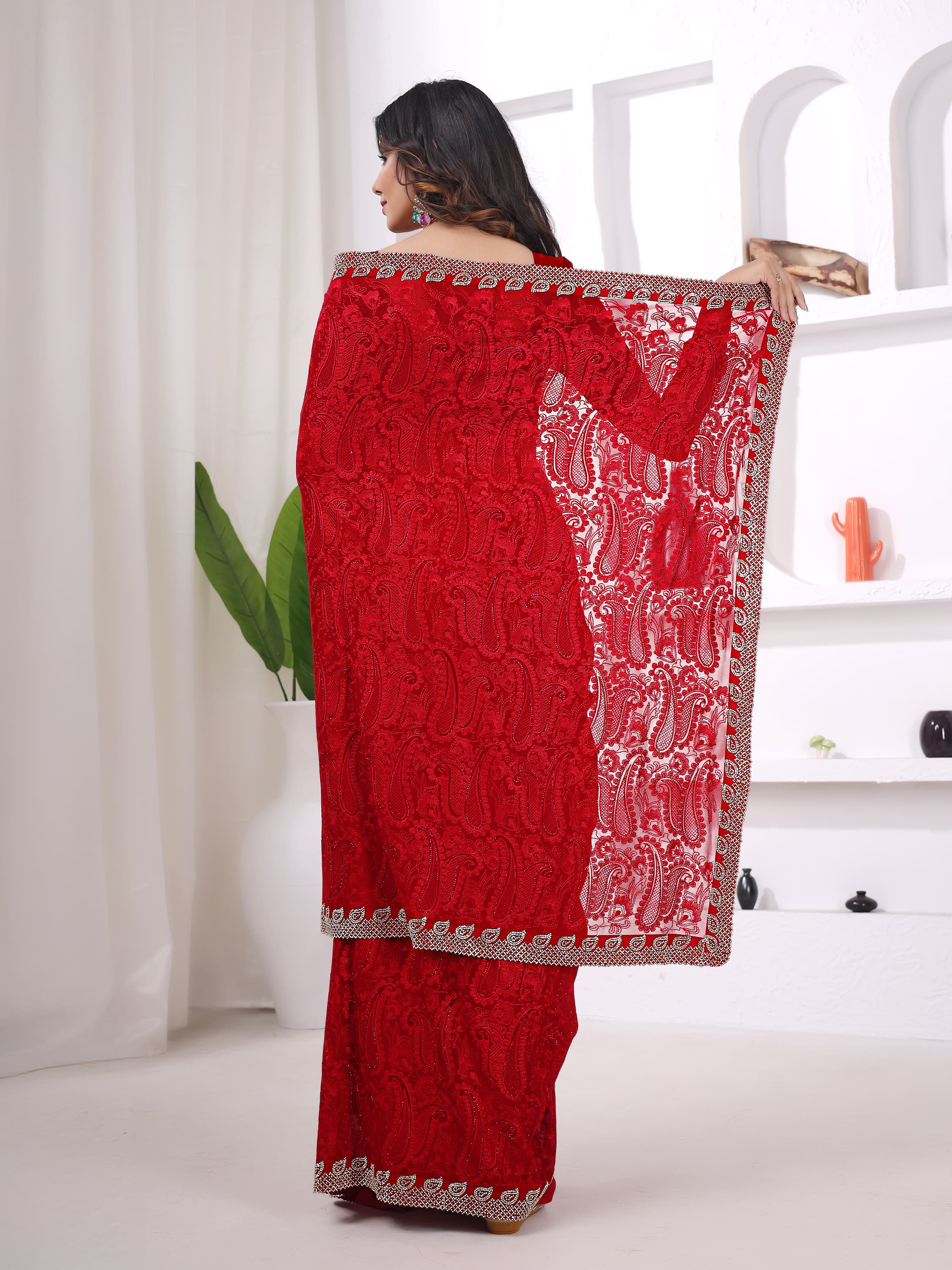 Ritual Styles Red Georgette Jurcan Work Designer Saree with Embellished Border image 2