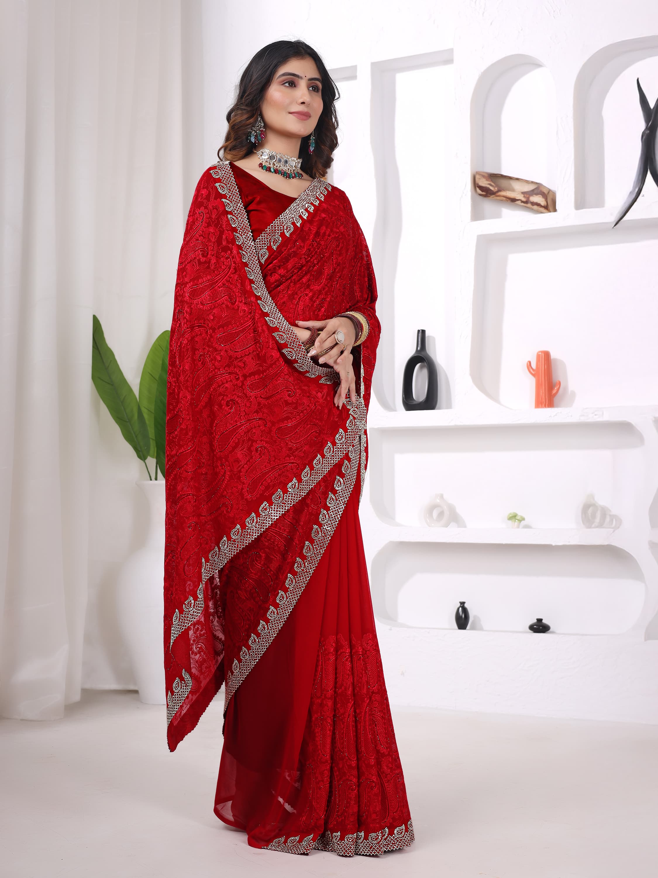 Ritual Styles Red Georgette Jurcan Work Designer Saree with Embellished Border image 3