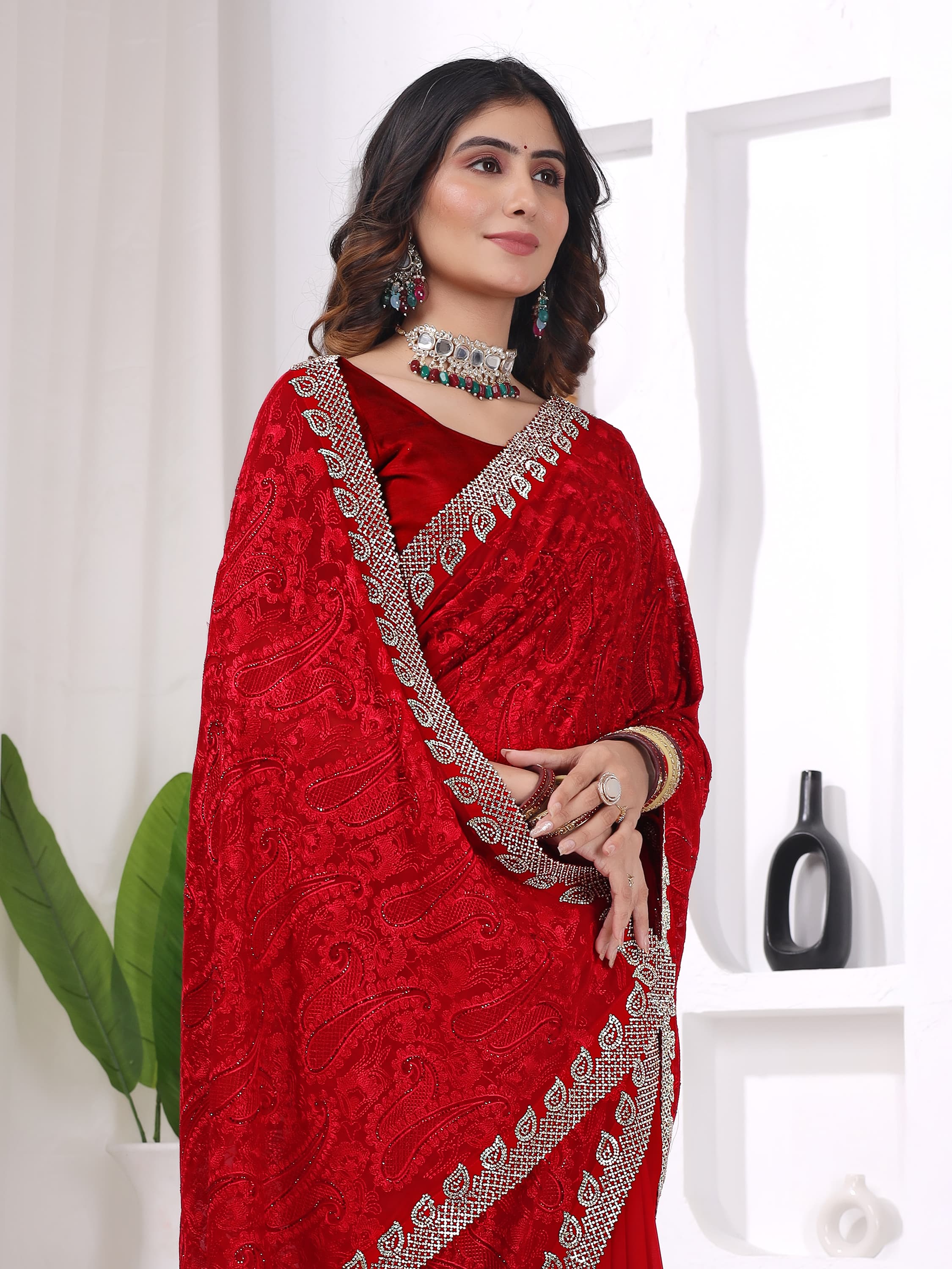 Ritual Styles Red Georgette Jurcan Work Designer Saree with Embellished Border image 4