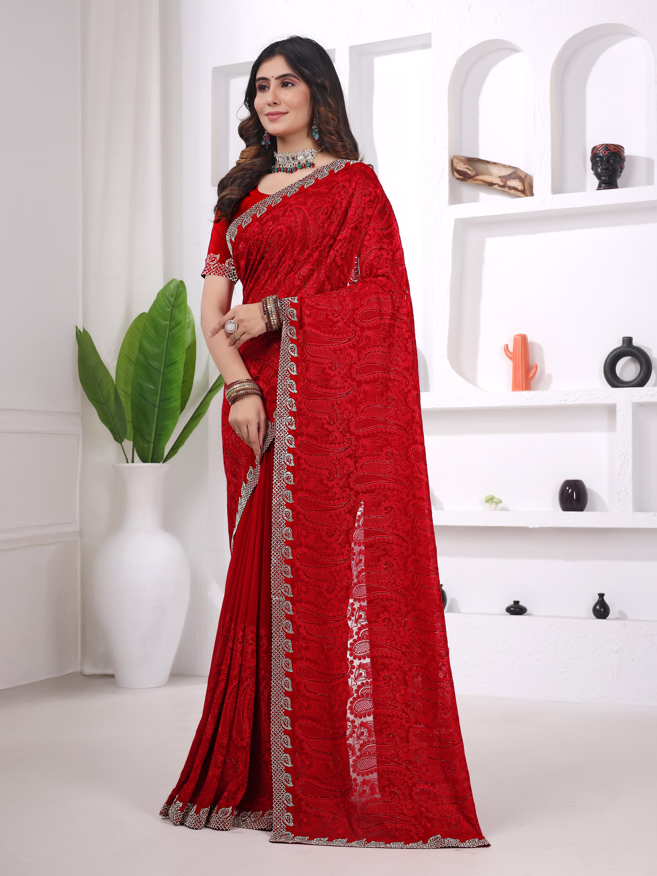 Ritual Styles Red Georgette Jurcan Work Designer Saree with Embellished Border image 5