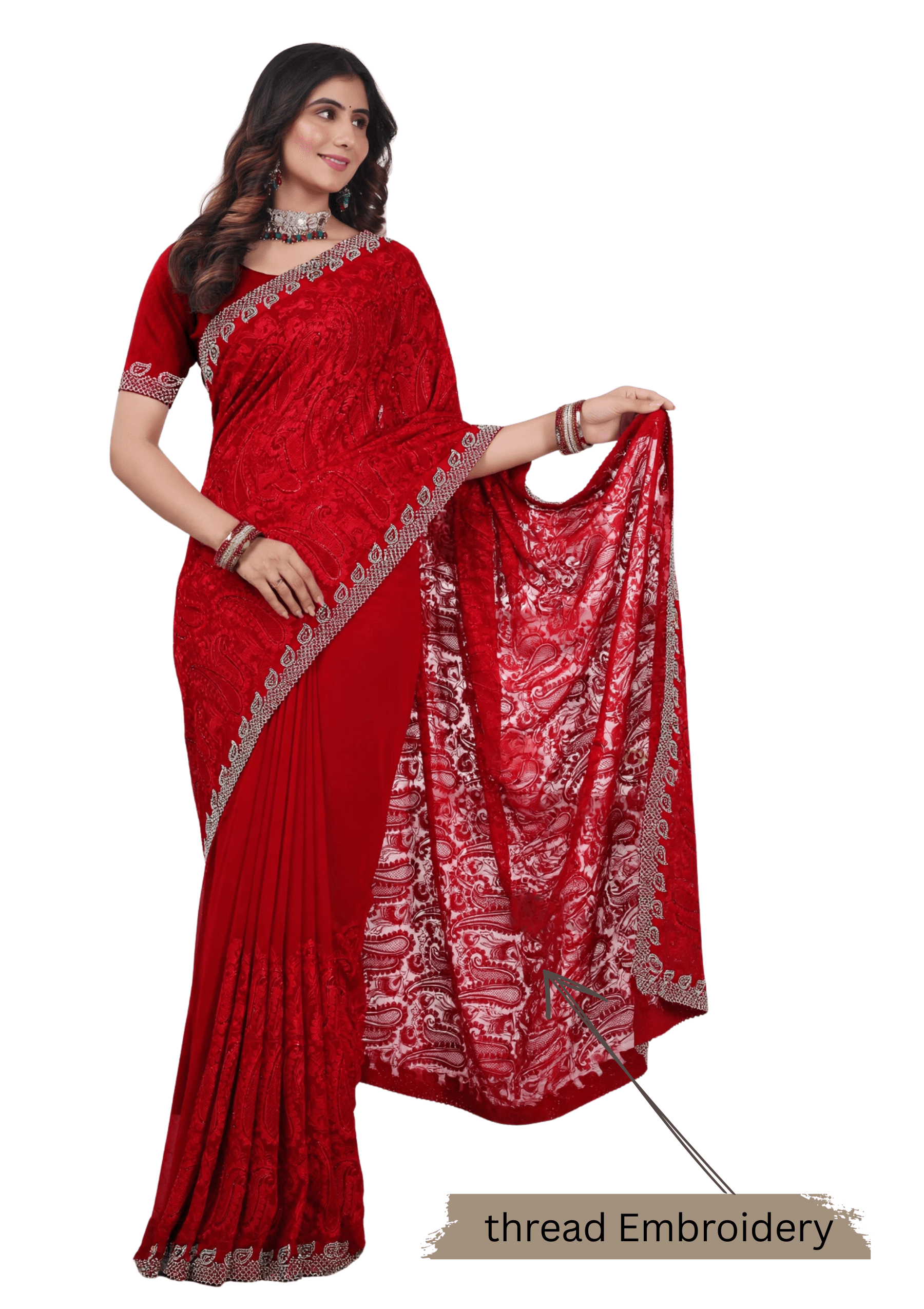 Ritual Styles Red Georgette Jurcan Work Designer Saree with Embellished Border image 6