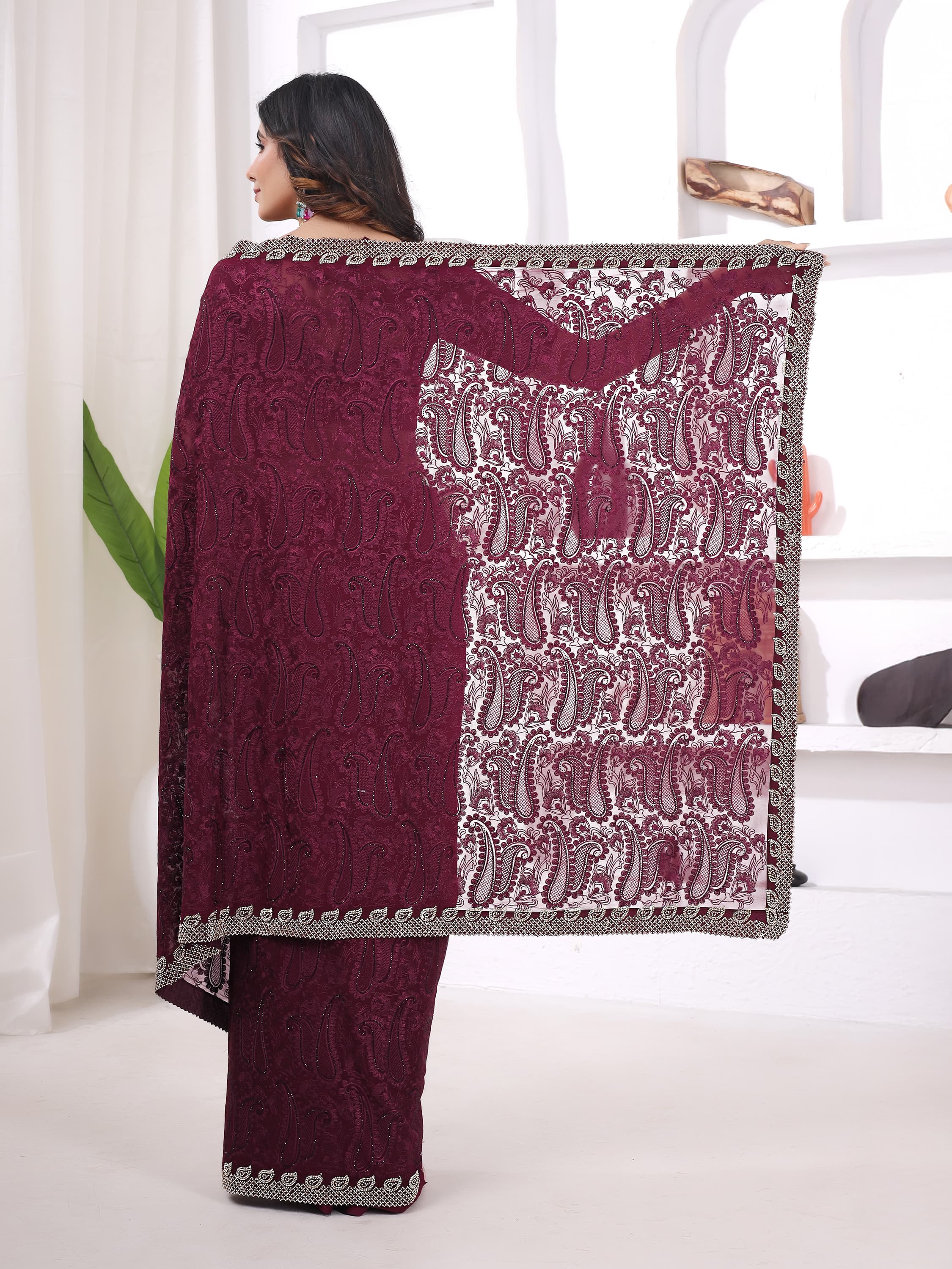 Ritual Styles Wine Georgette Jurcan Work Designer Saree with Embellished Border image 6