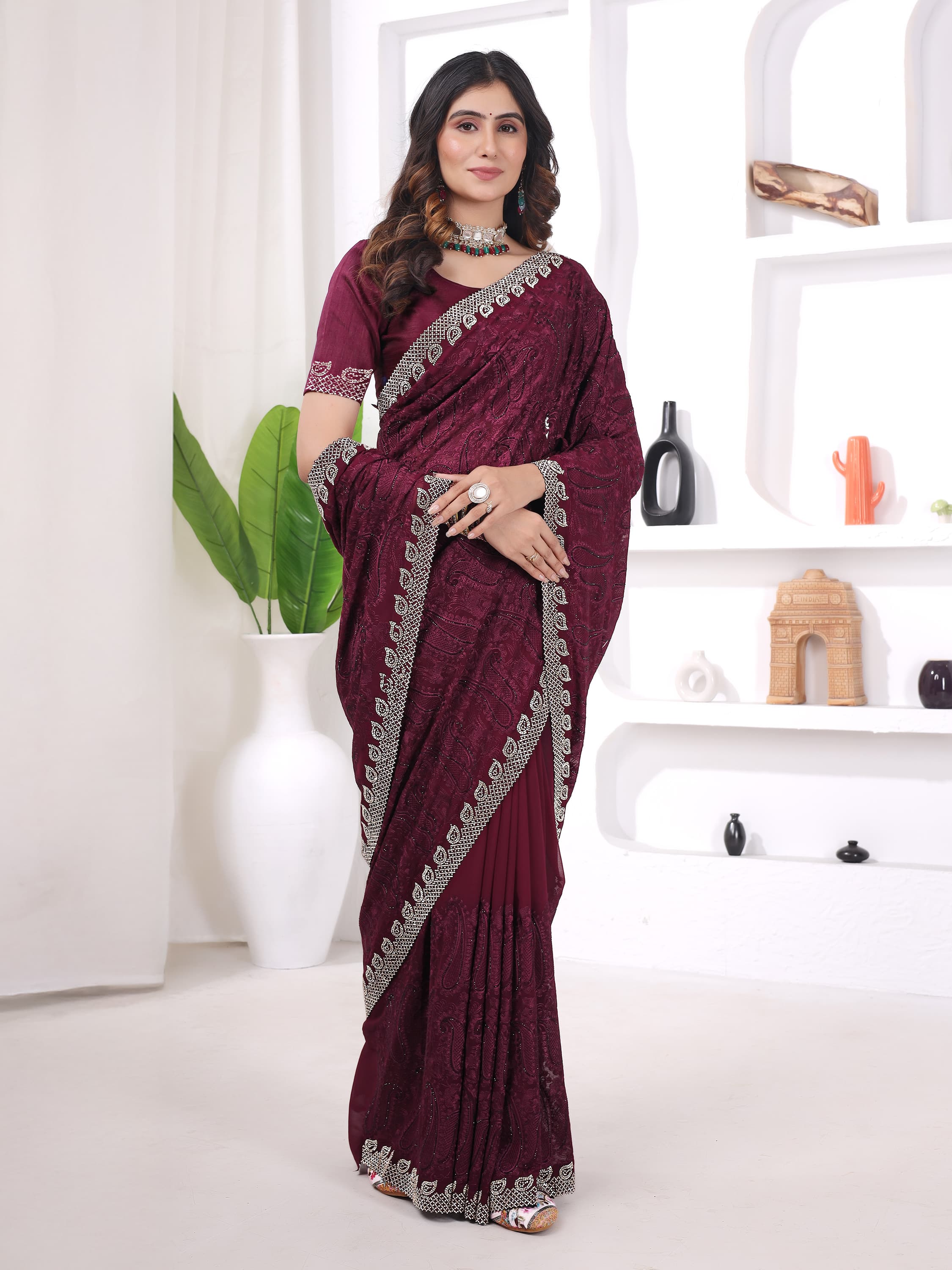 Ritual Styles Wine Georgette Jurcan Work Designer Saree with Embellished Border image 1