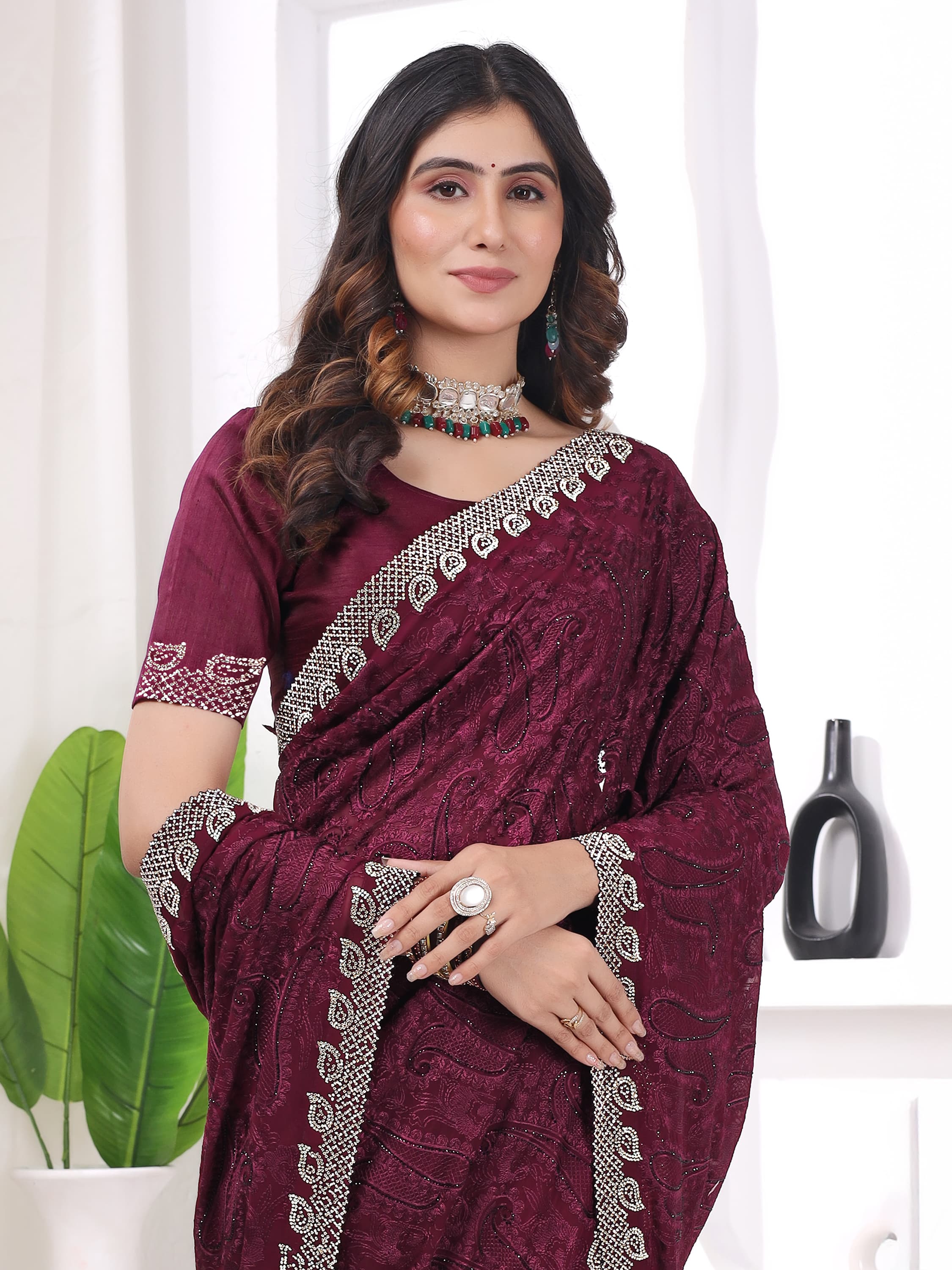 Ritual Styles Wine Georgette Jurcan Work Designer Saree with Embellished Border image 2