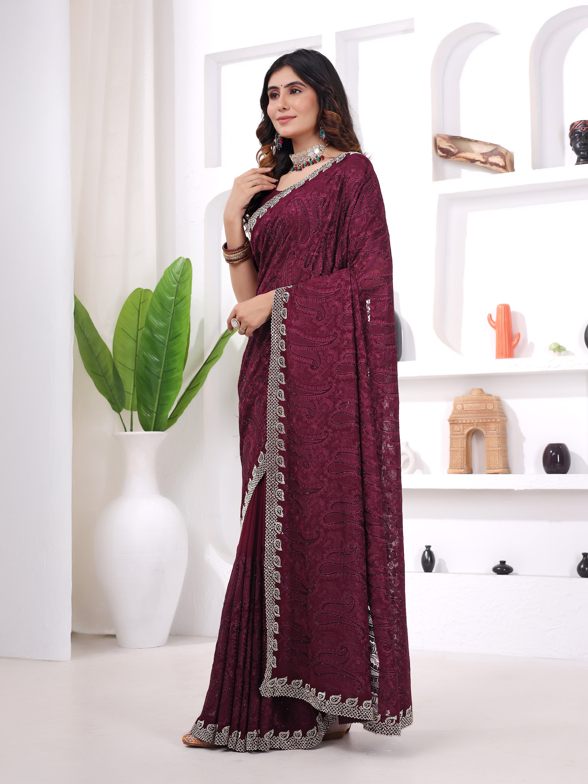 Ritual Styles Wine Georgette Jurcan Work Designer Saree with Embellished Border image 3