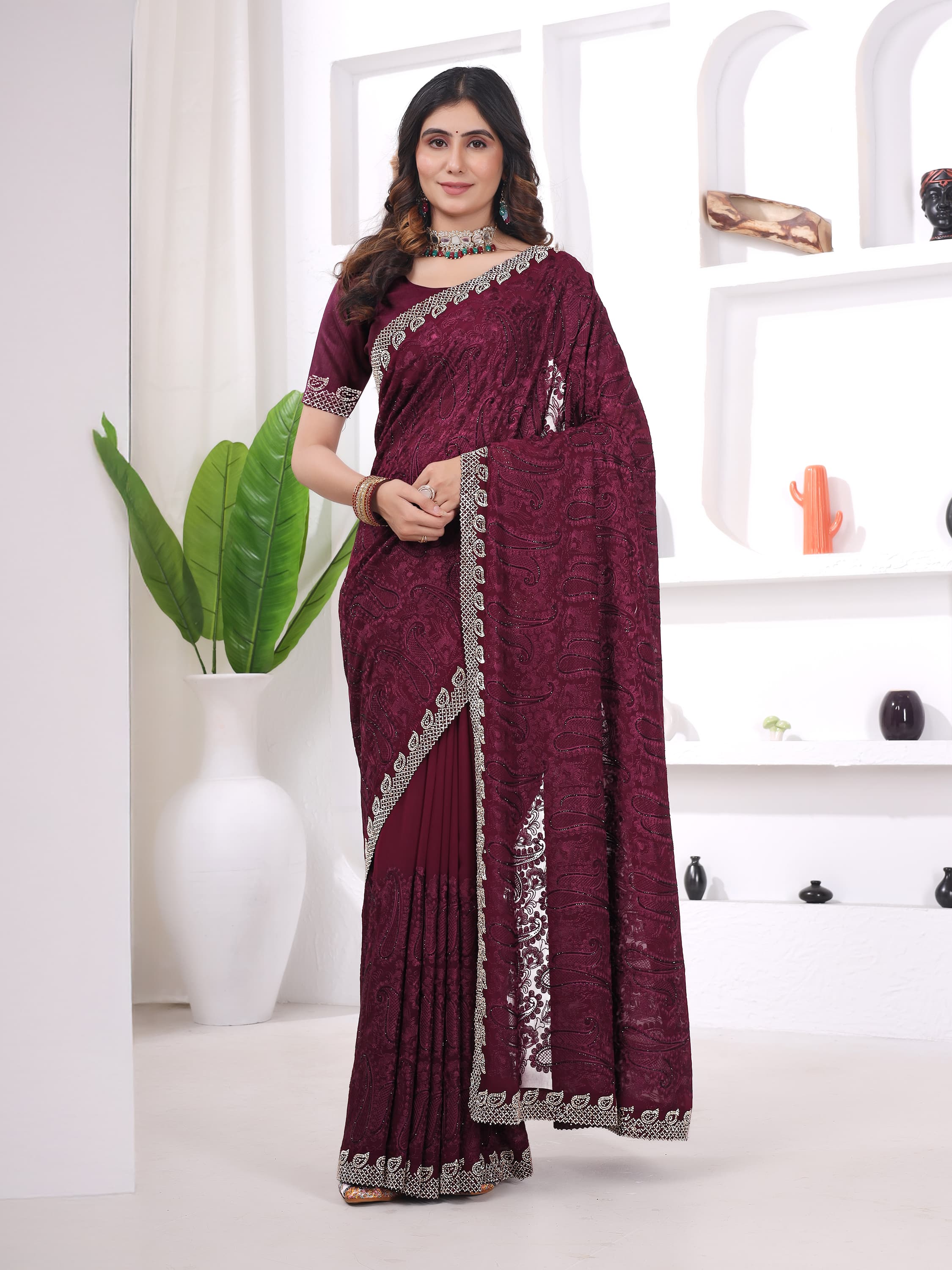 Ritual Styles Wine Georgette Jurcan Work Designer Saree with Embellished Border image 4