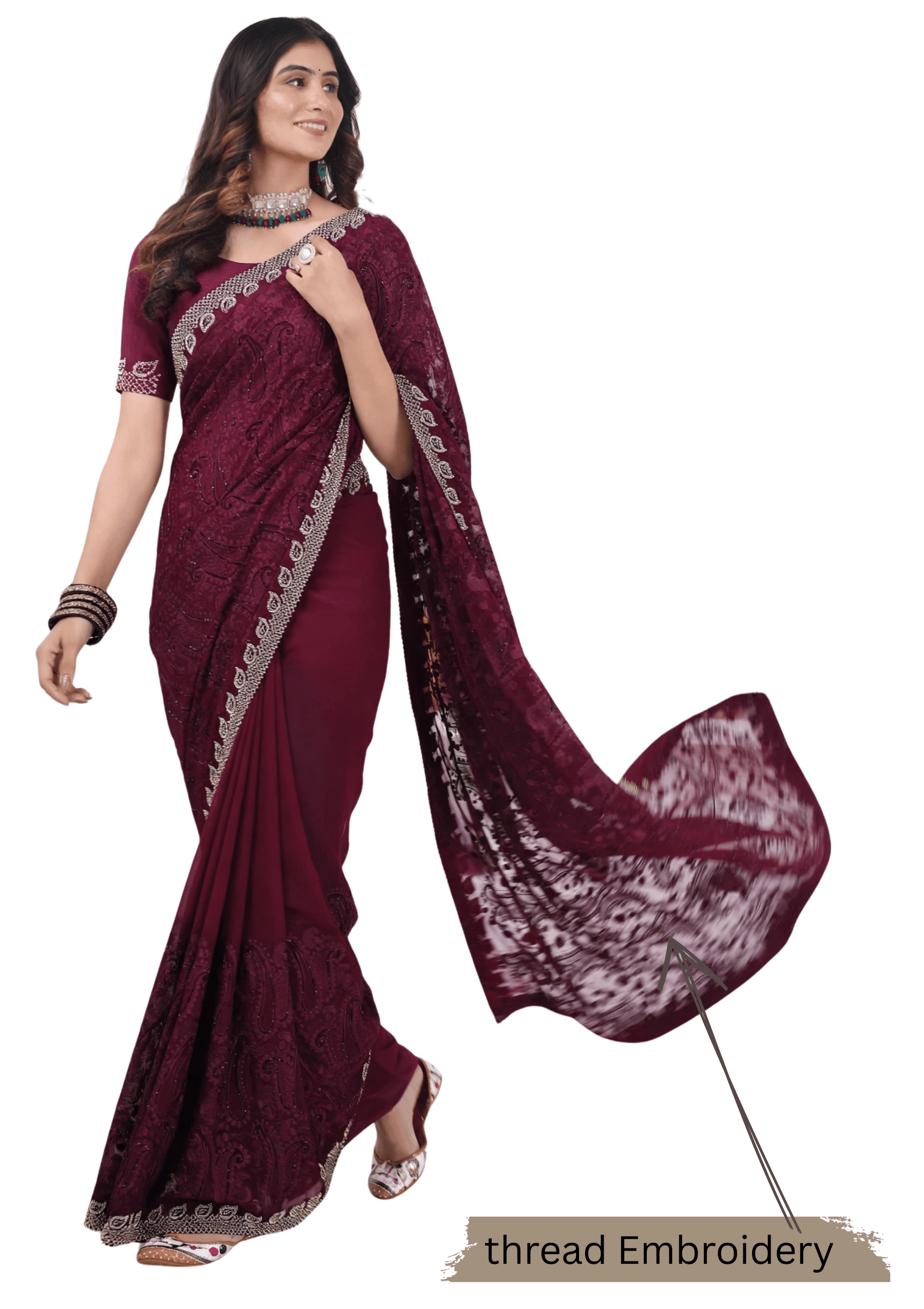 Ritual Styles Wine Georgette Jurcan Work Designer Saree with Embellished Border image 5
