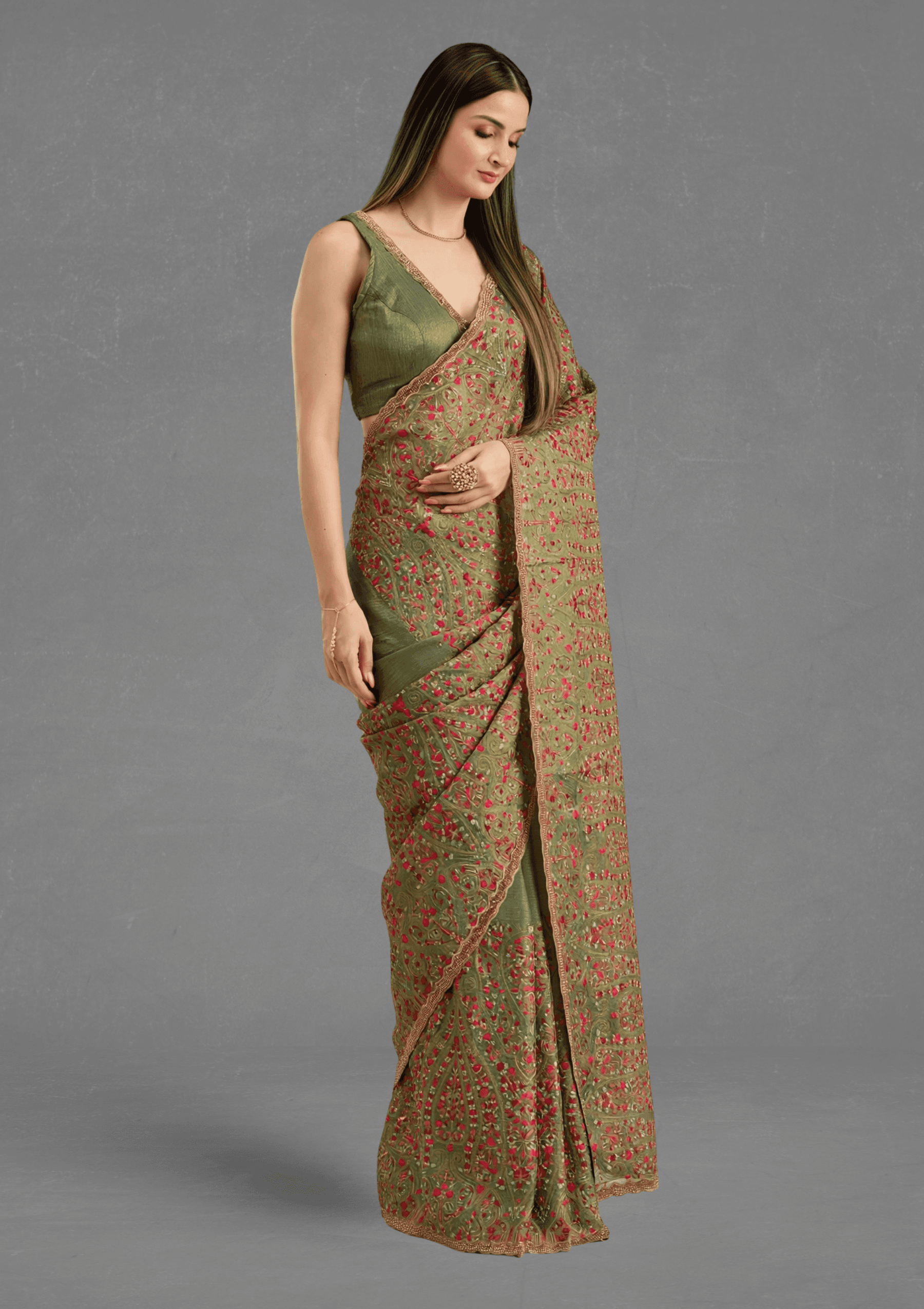 Ritual Styles Green Paisely Embroidered Designer Saree with Heavy Border image 2