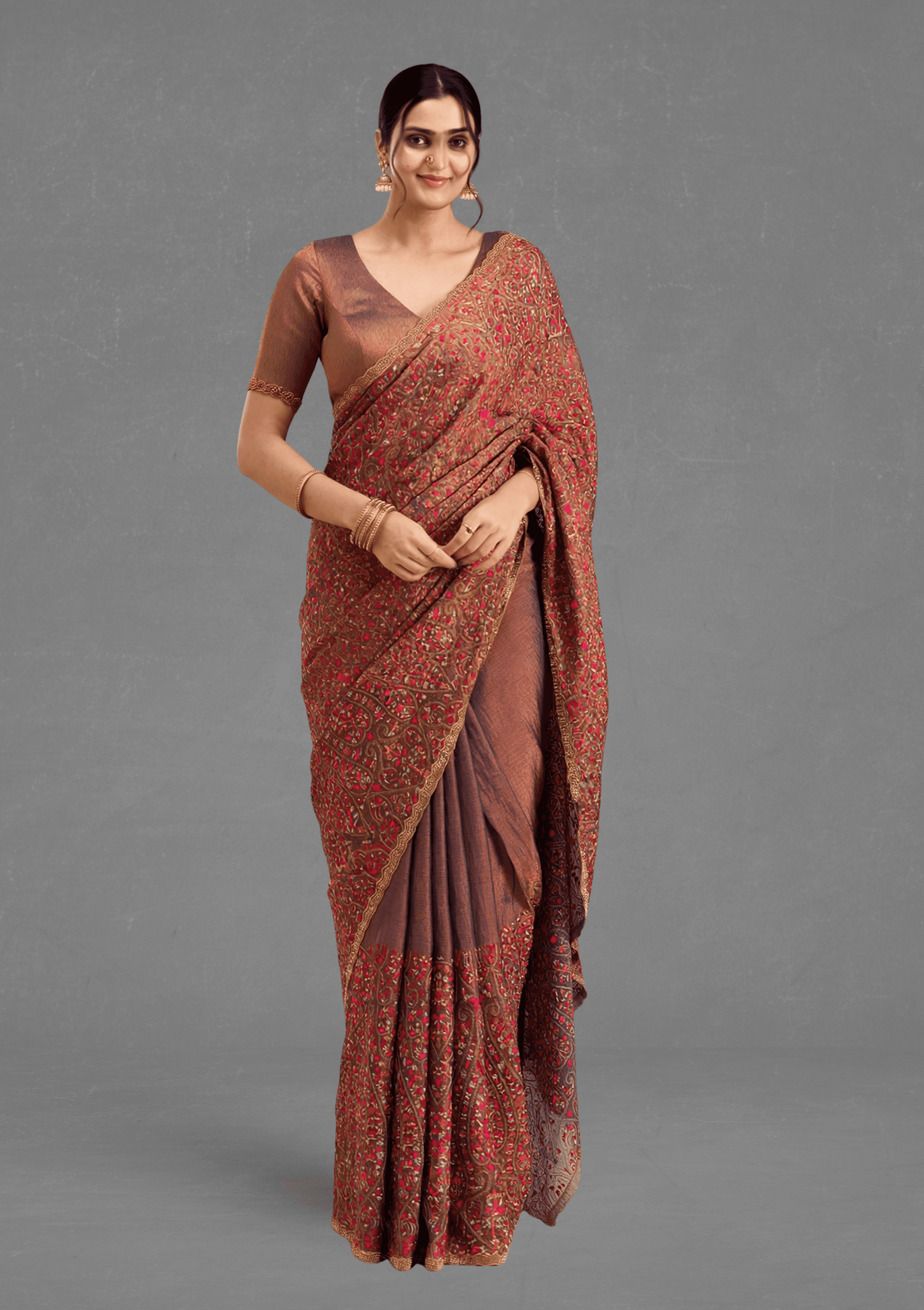 Ritual Styles Copper Designer Saree with Intricate Multicolour Paisley & Floral Embroidery image 1