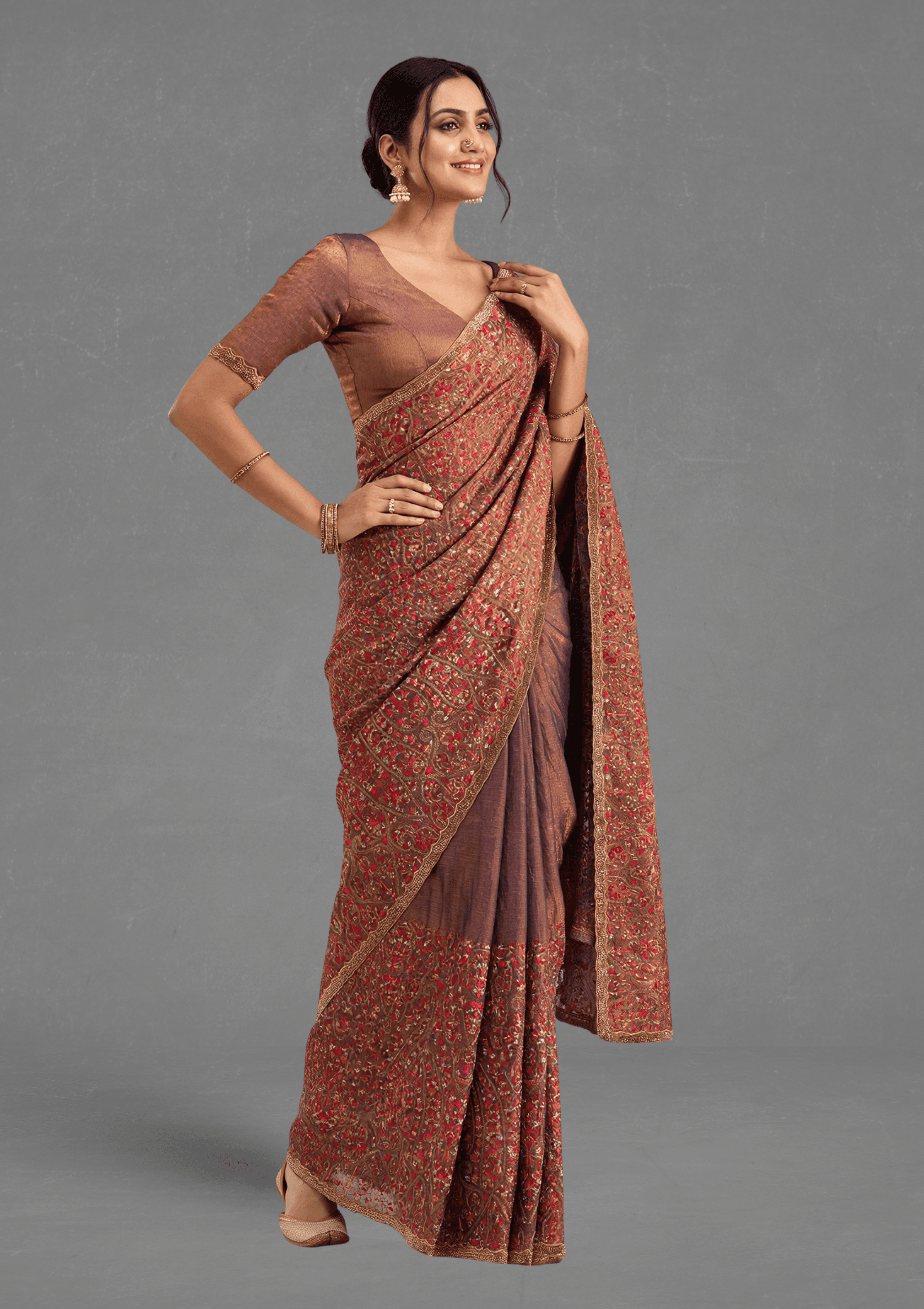 Ritual Styles Copper Designer Saree with Intricate Multicolour Paisley & Floral Embroidery image 2